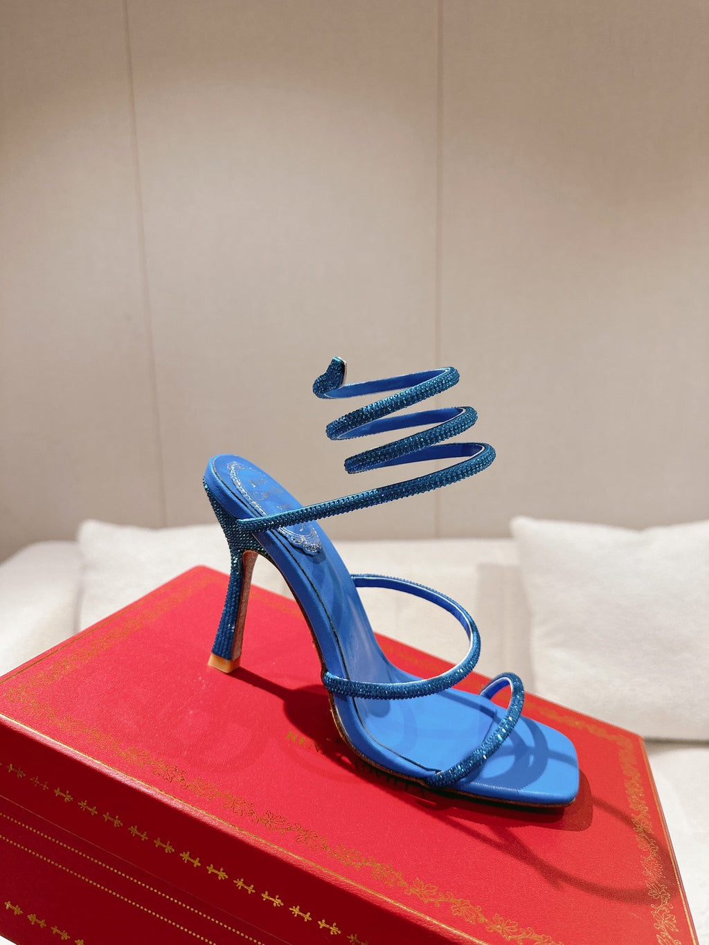 RENE CAOVILLA 26S SQUARE TOE ANKLE STRAP SANDALS 95 MM IN BLUE LAMBSKIN