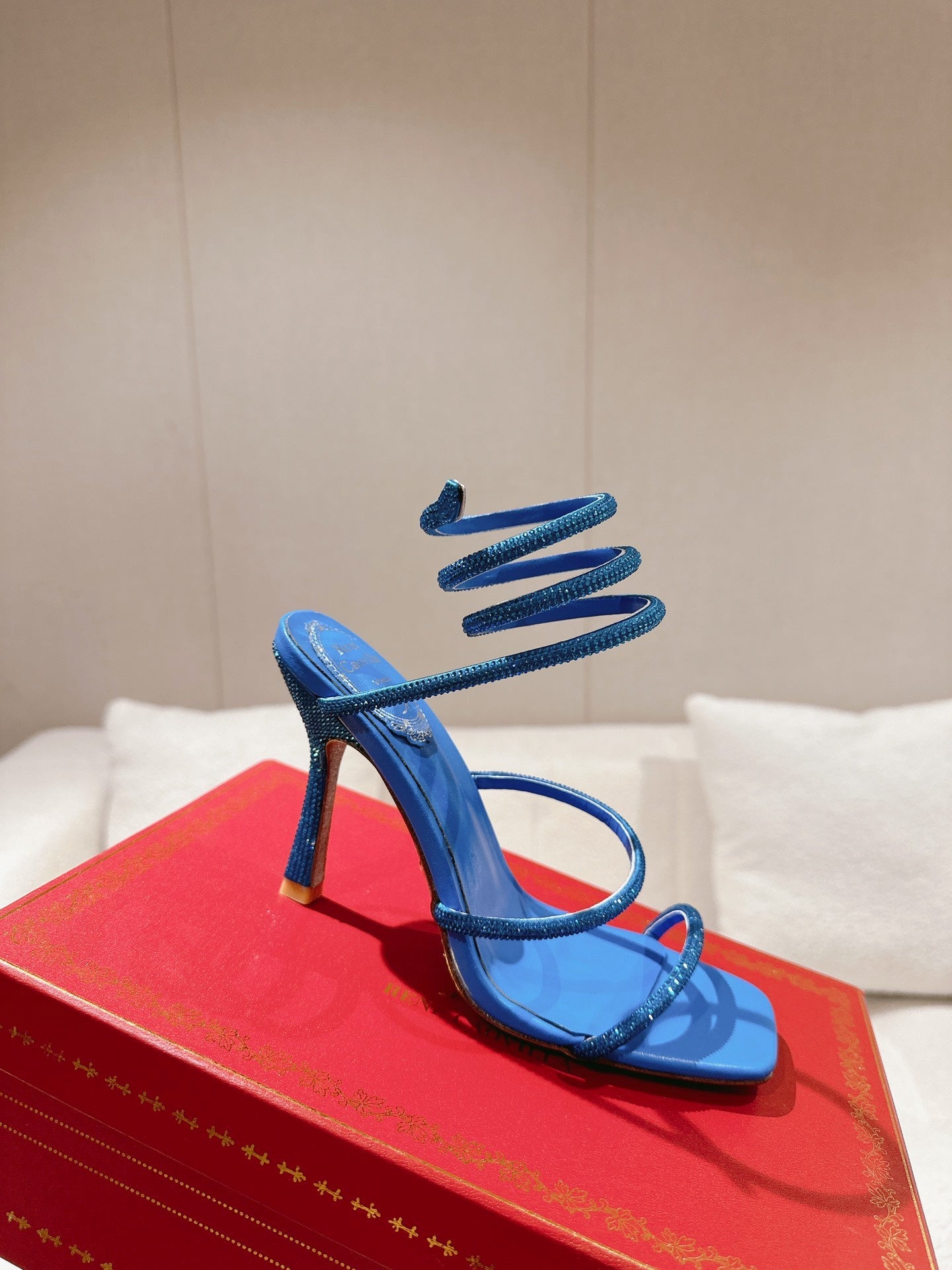 RENE CAOVILLA 26S SQUARE TOE ANKLE STRAP SANDALS 95 MM IN BLUE LAMBSKIN