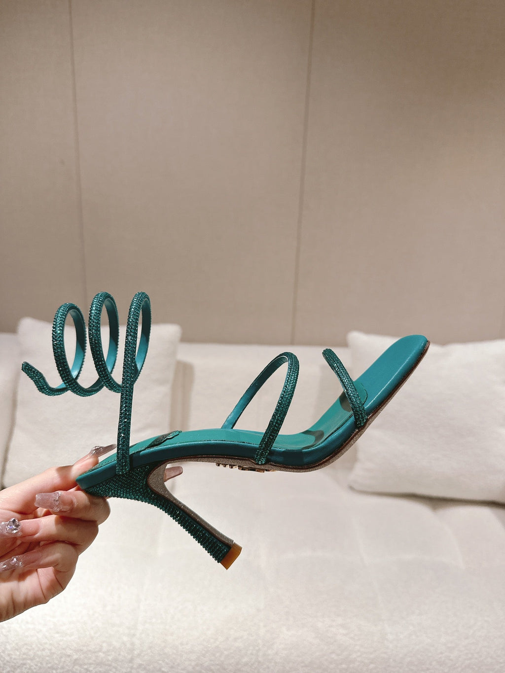 RENE CAOVILLA 26S SQUARE TOE ANKLE STRAP SANDALS 95 MM IN EMERALD GREEN LAMBSKIN