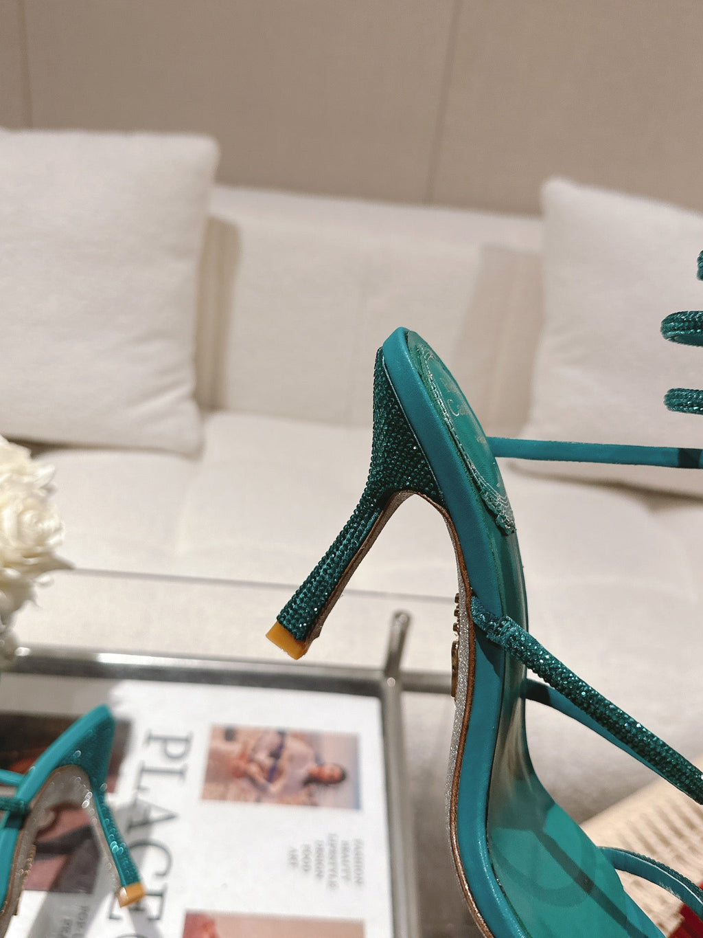 RENE CAOVILLA 26S SQUARE TOE ANKLE STRAP SANDALS 95 MM IN EMERALD GREEN LAMBSKIN