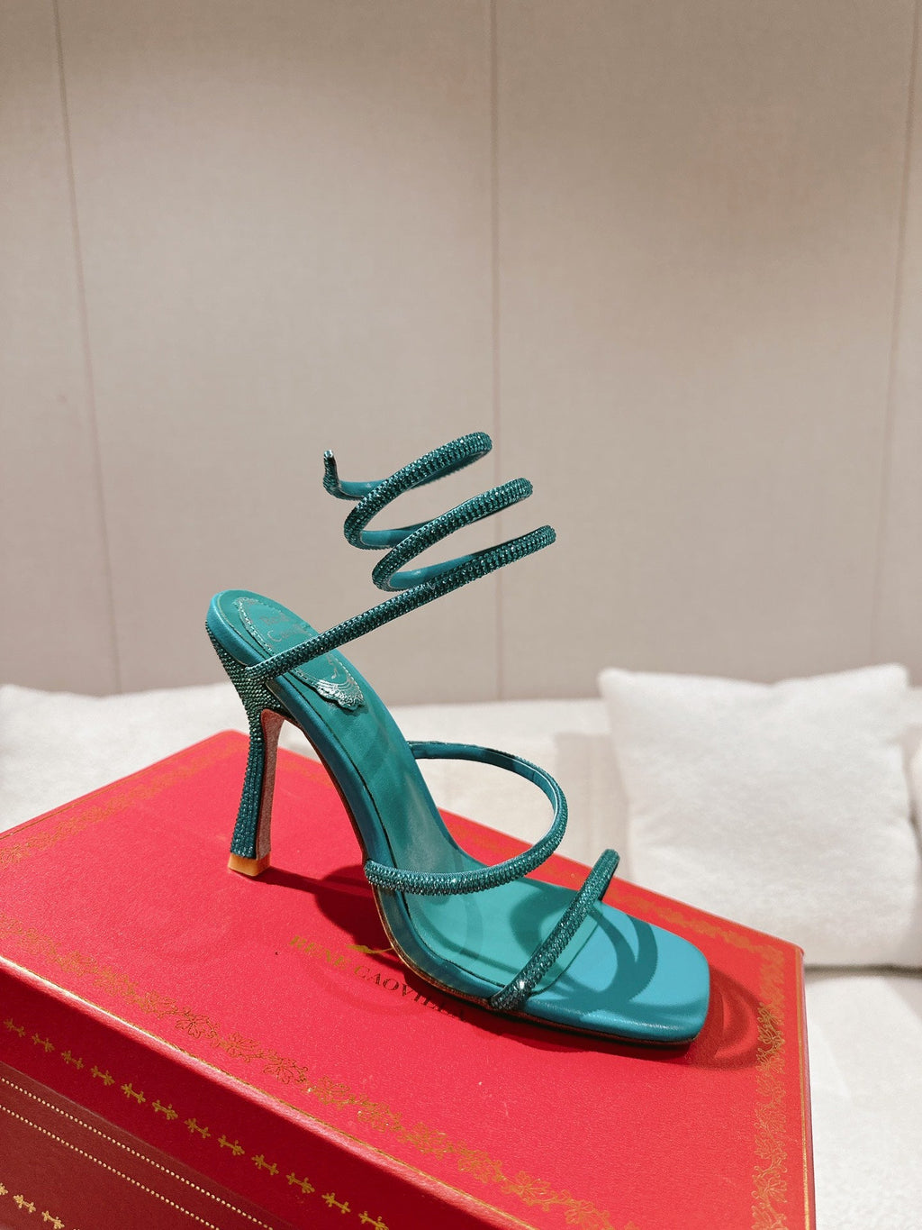 RENE CAOVILLA 26S SQUARE TOE ANKLE STRAP SANDALS 95 MM IN EMERALD GREEN LAMBSKIN