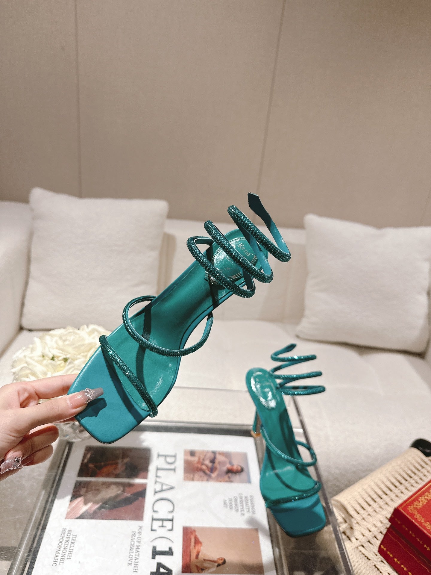 RENE CAOVILLA 26S SQUARE TOE ANKLE STRAP SANDALS 95 MM IN EMERALD GREEN LAMBSKIN