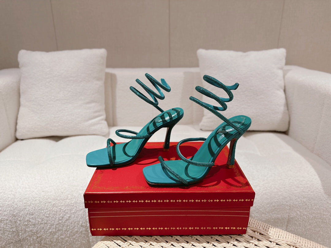 RENE CAOVILLA 26S SQUARE TOE ANKLE STRAP SANDALS 95 MM IN EMERALD GREEN LAMBSKIN