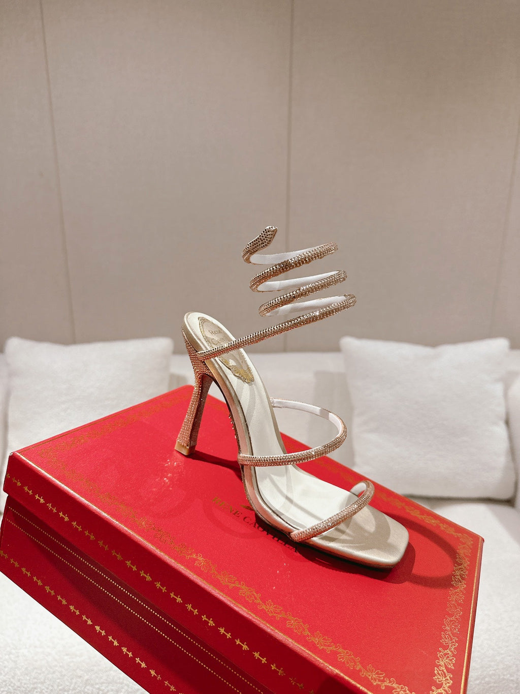 RENE CAOVILLA 26S SQUARE TOE ANKLE STRAP SANDALS 95 MM IN BEIGE LAMBSKIN