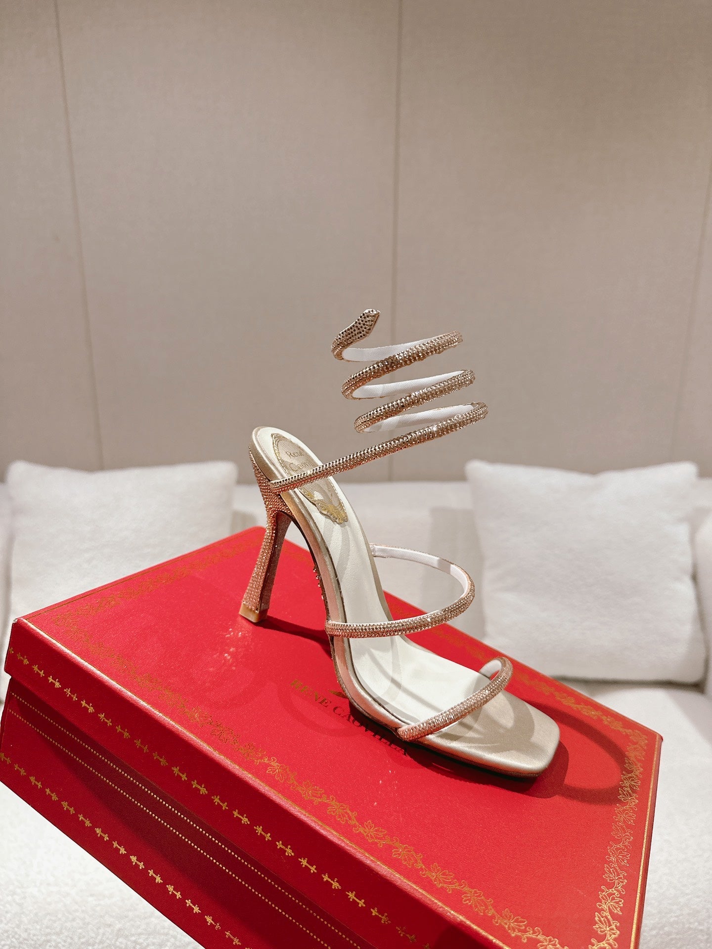RENE CAOVILLA 26S SQUARE TOE ANKLE STRAP SANDALS 95 MM IN BEIGE LAMBSKIN