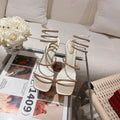 RENE CAOVILLA 26S SQUARE TOE ANKLE STRAP SANDALS 95 MM IN BEIGE LAMBSKIN