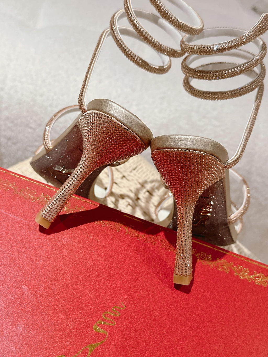RENE CAOVILLA 26S SQUARE TOE ANKLE STRAP SANDALS 95 MM IN BEIGE LAMBSKIN