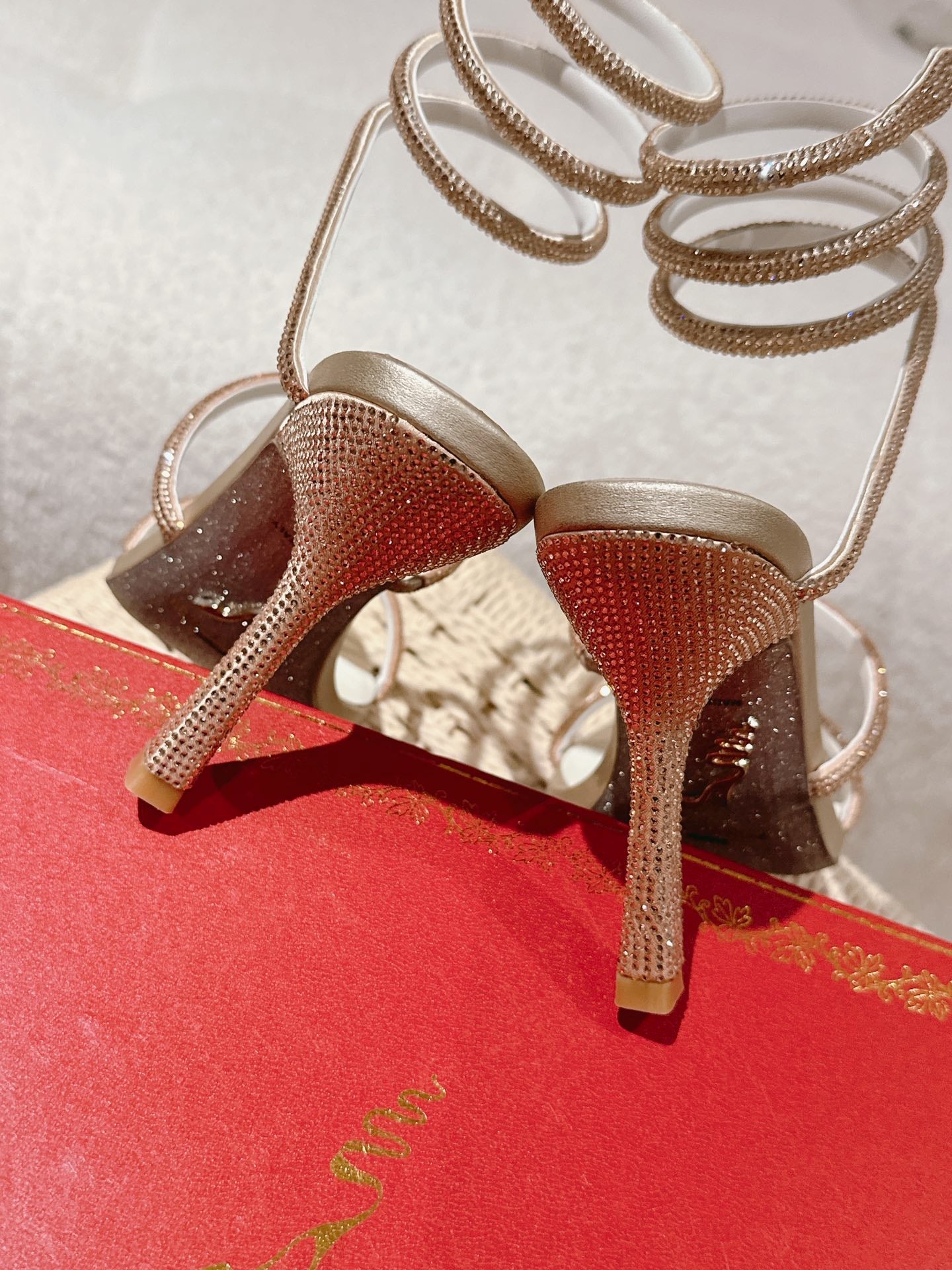 RENE CAOVILLA 26S SQUARE TOE ANKLE STRAP SANDALS 95 MM IN BEIGE LAMBSKIN