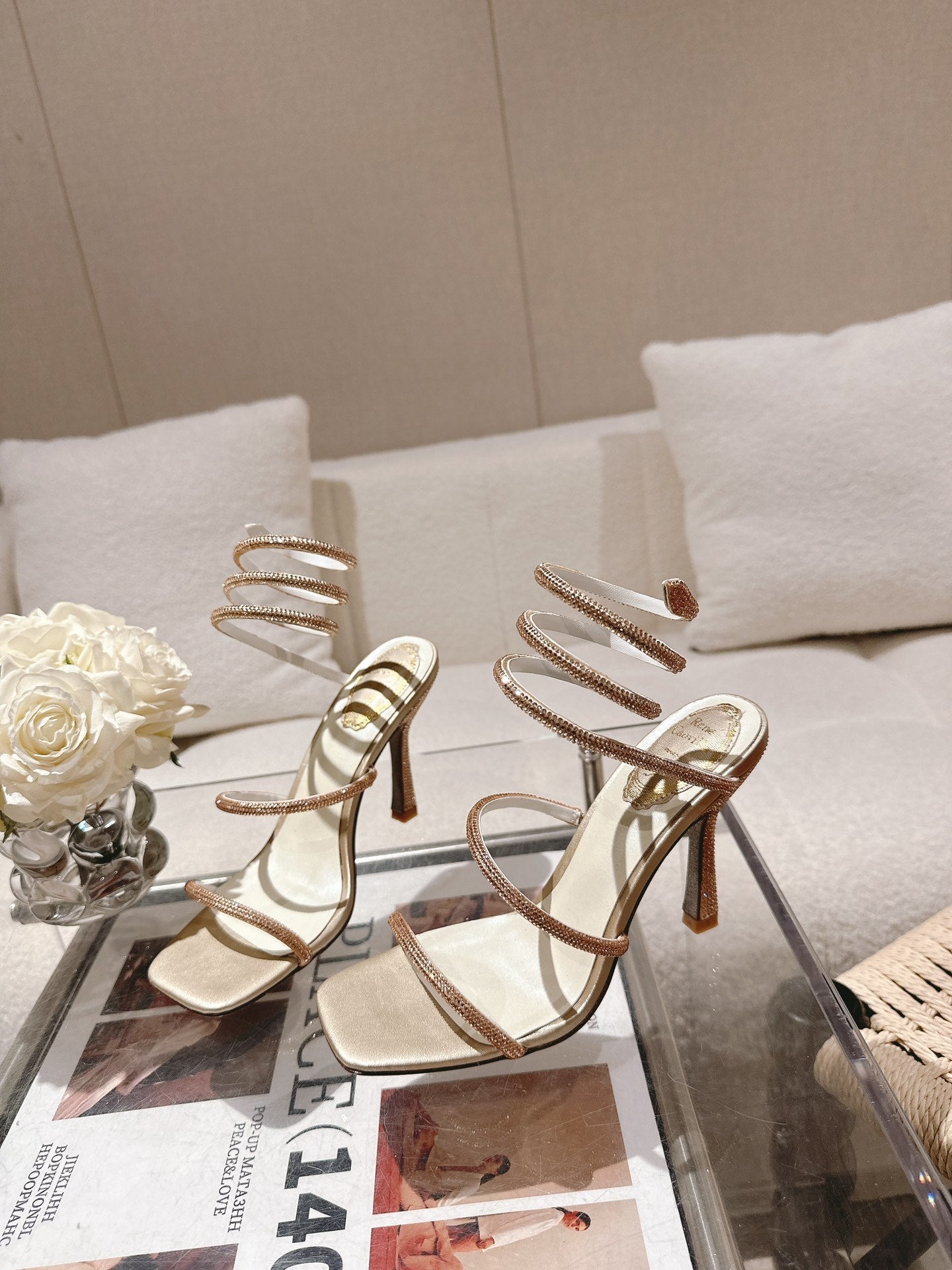 RENE CAOVILLA 26S SQUARE TOE ANKLE STRAP SANDALS 95 MM IN BEIGE LAMBSKIN