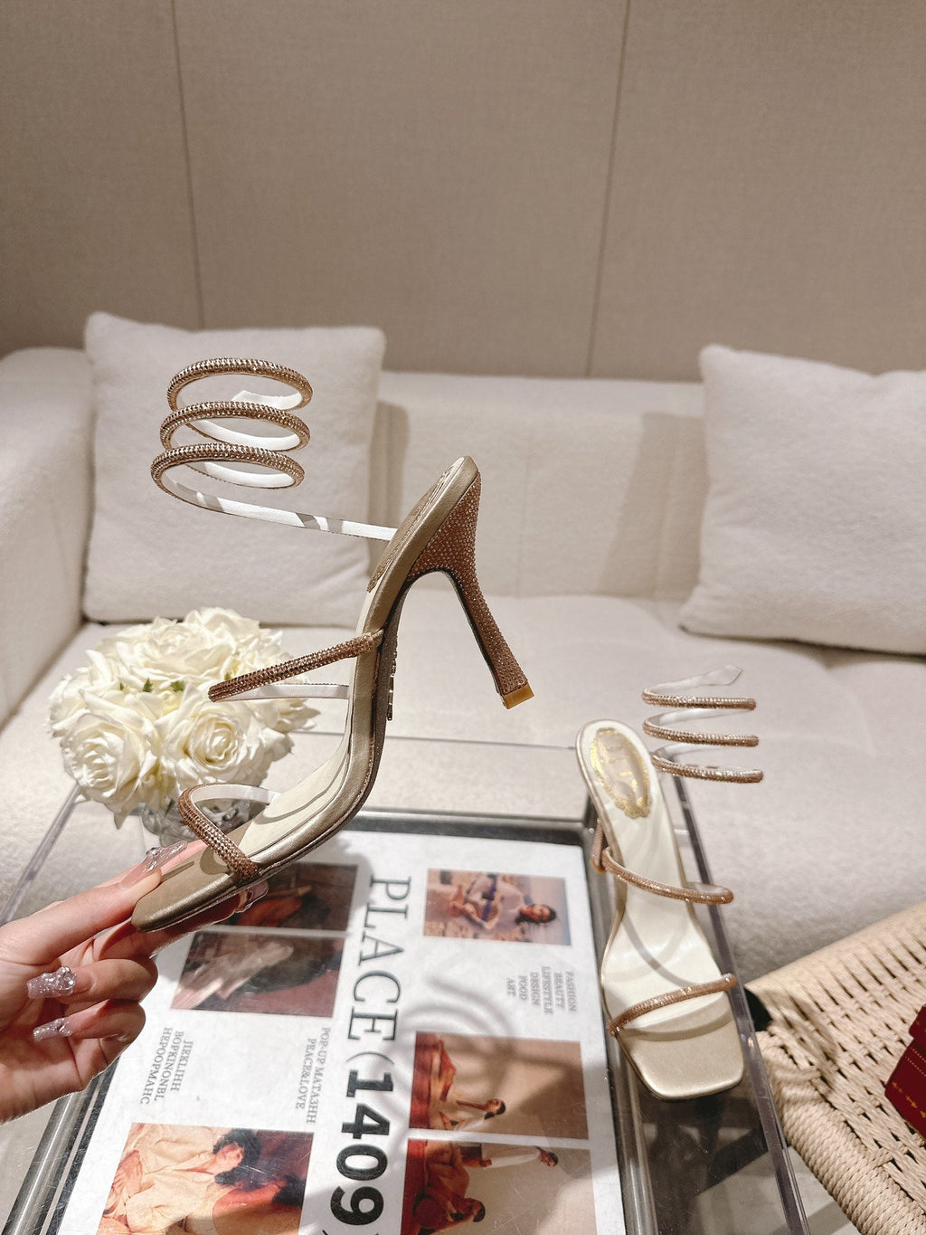 RENE CAOVILLA 26S SQUARE TOE ANKLE STRAP SANDALS 95 MM IN BEIGE LAMBSKIN