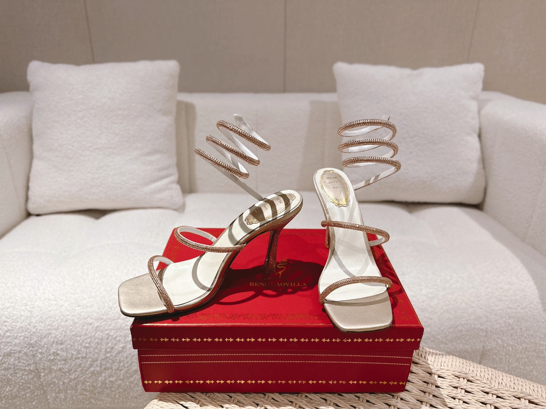 RENE CAOVILLA 26S SQUARE TOE ANKLE STRAP SANDALS 95 MM IN BEIGE LAMBSKIN