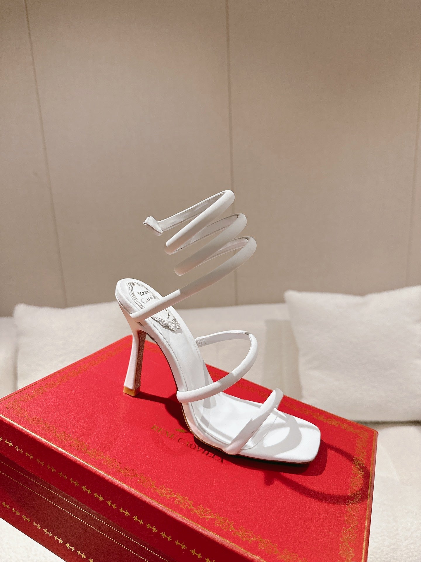 RENE CAOVILLA 26S SQUARE TOE ANKLE STRAP SANDALS 95 MM IN WHITE FABRIC