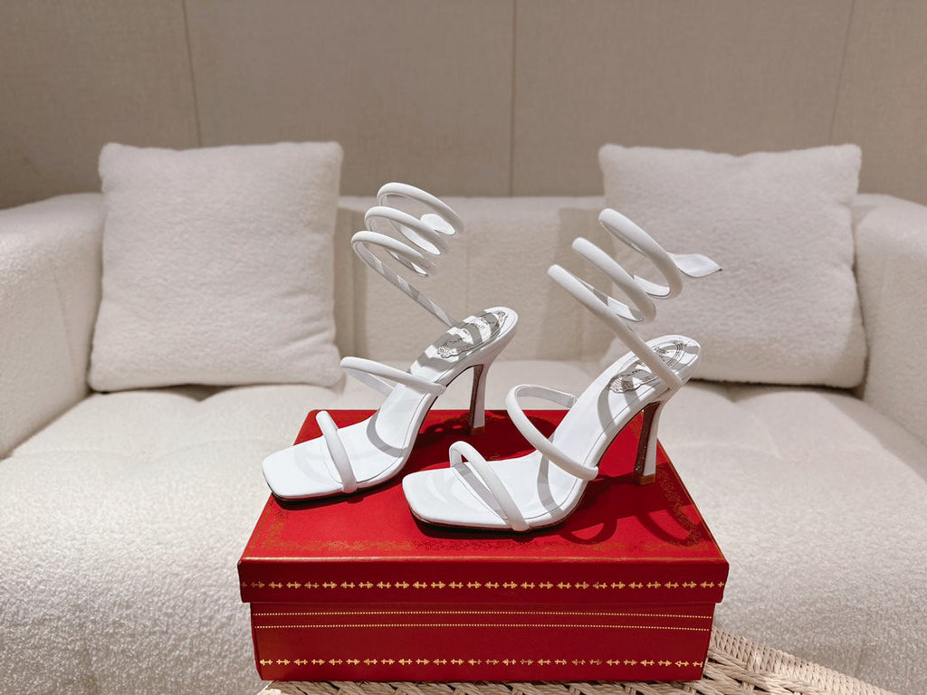 RENE CAOVILLA 26S SQUARE TOE ANKLE STRAP SANDALS 95 MM IN WHITE FABRIC