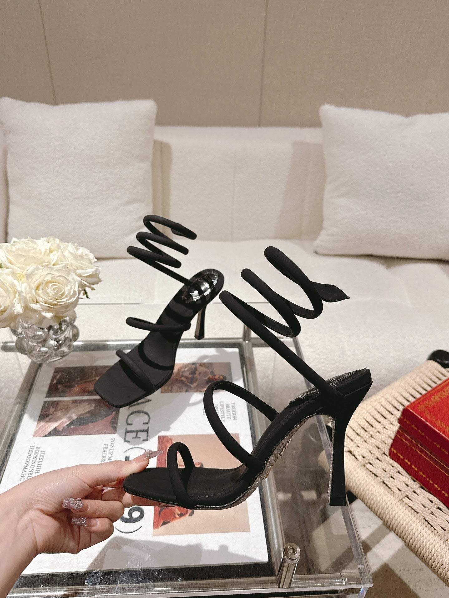 RENE CAOVILLA 26S SQUARE TOE ANKLE STRAP SANDALS 95 MM IN BLACK FABRIC