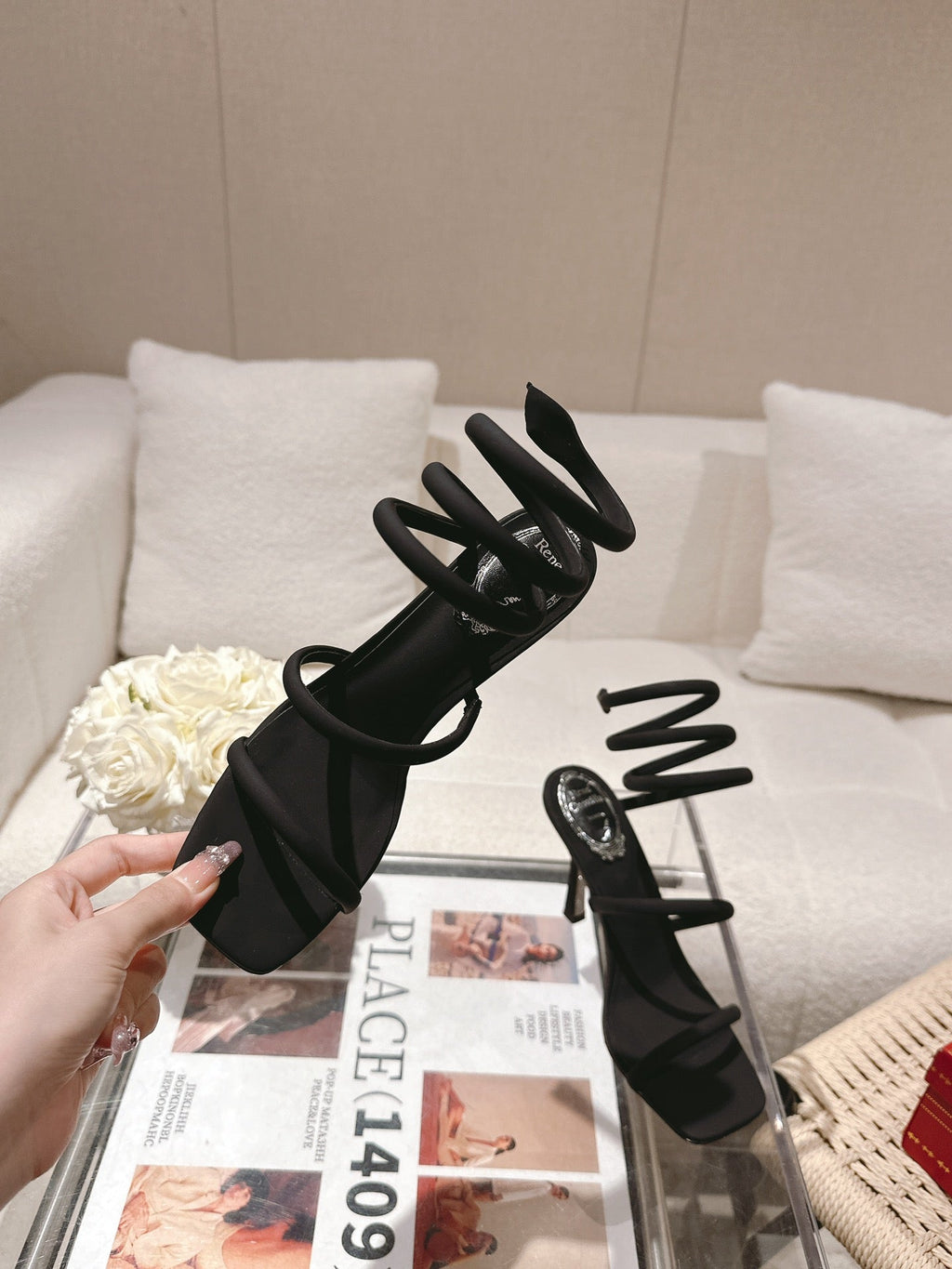 RENE CAOVILLA 26S SQUARE TOE ANKLE STRAP SANDALS 95 MM IN BLACK FABRIC