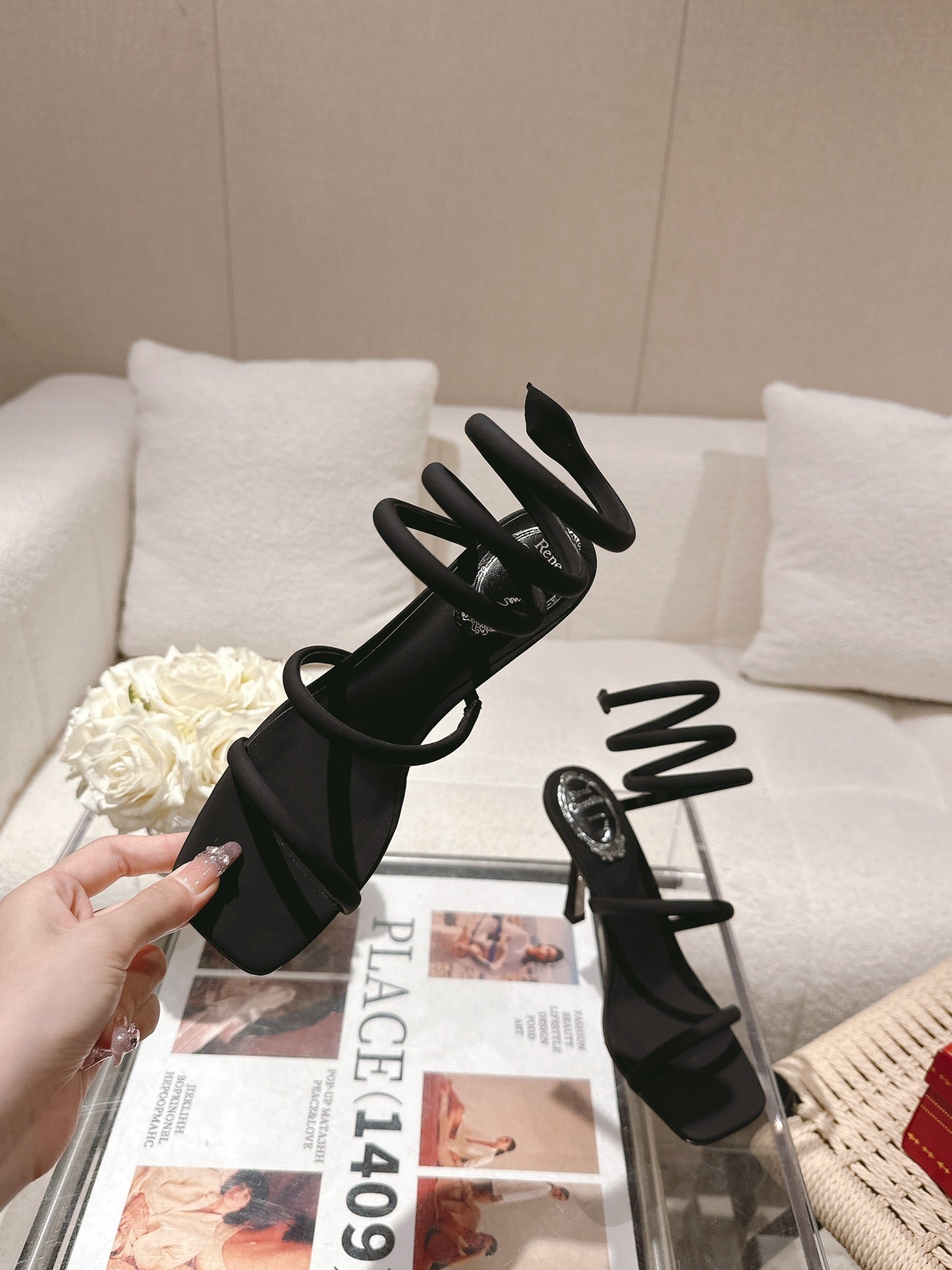 RENE CAOVILLA 26S SQUARE TOE ANKLE STRAP SANDALS 95 MM IN BLACK FABRIC