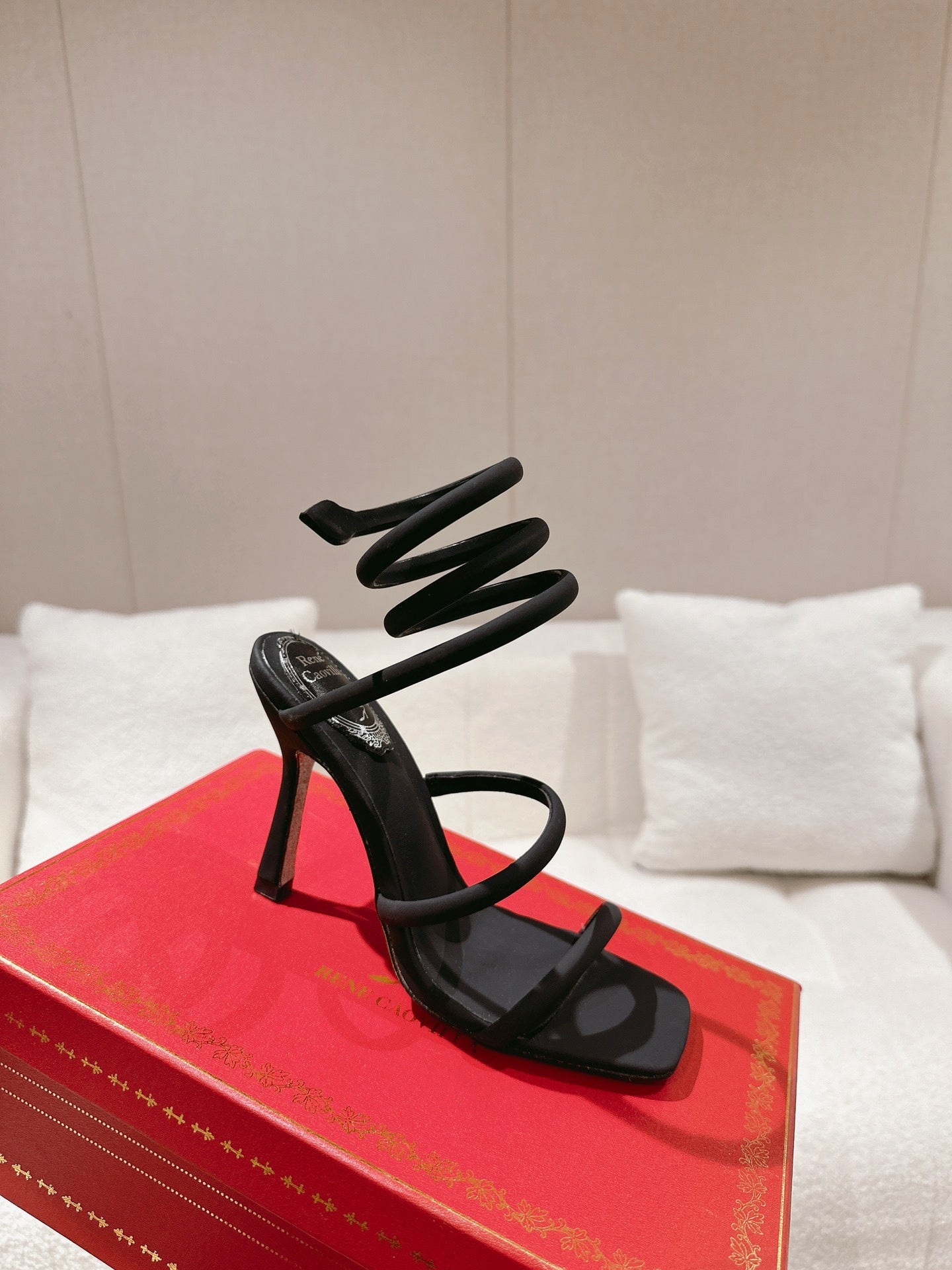 RENE CAOVILLA 26S SQUARE TOE ANKLE STRAP SANDALS 95 MM IN BLACK FABRIC
