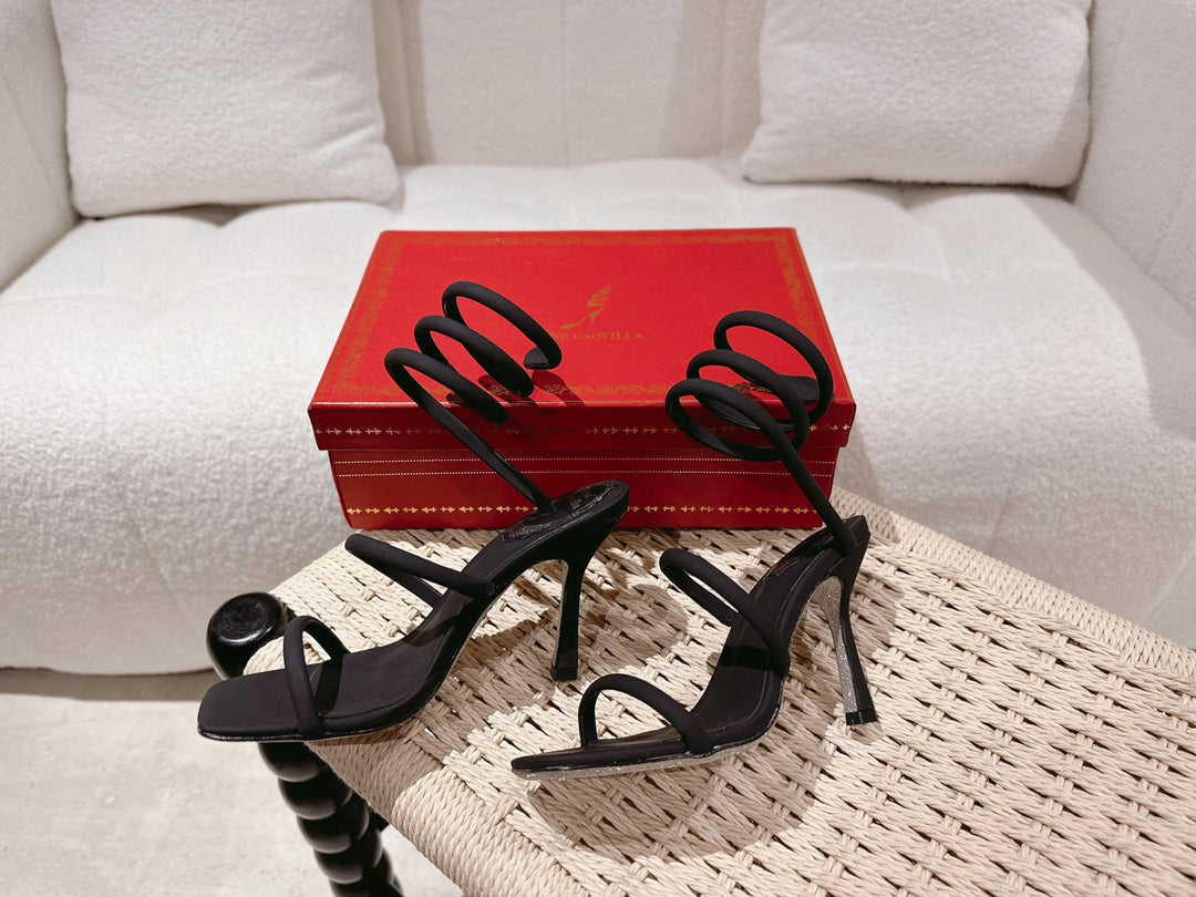 RENE CAOVILLA 26S SQUARE TOE ANKLE STRAP SANDALS 95 MM IN BLACK FABRIC