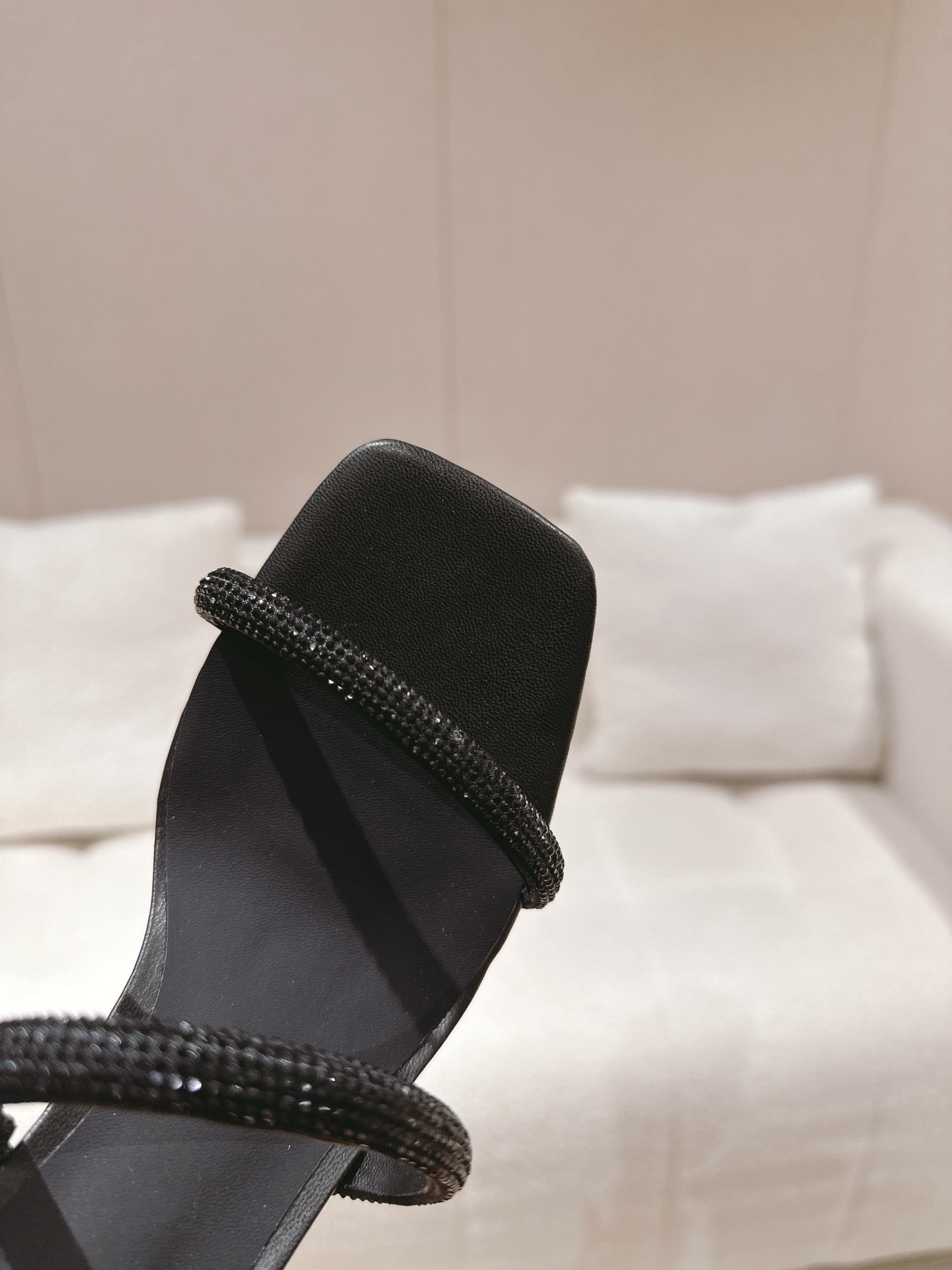 RENE CAOVILLA 26S SQUARE TOE ANKLE STRAP SANDALS 95 MM IN BLACK LAMBSKIN