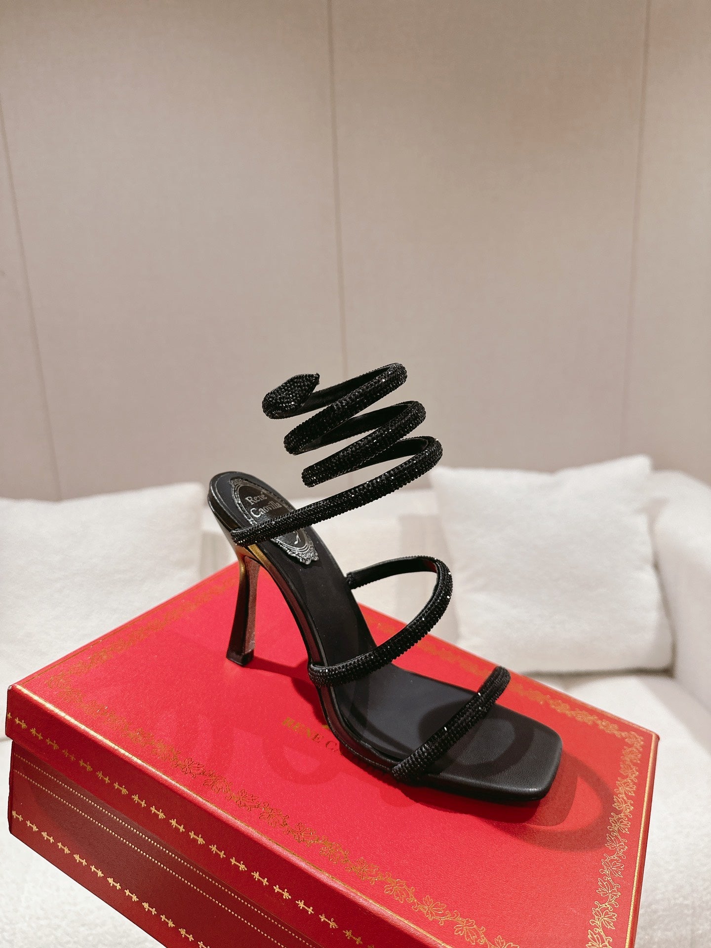RENE CAOVILLA 26S SQUARE TOE ANKLE STRAP SANDALS 95 MM IN BLACK LAMBSKIN