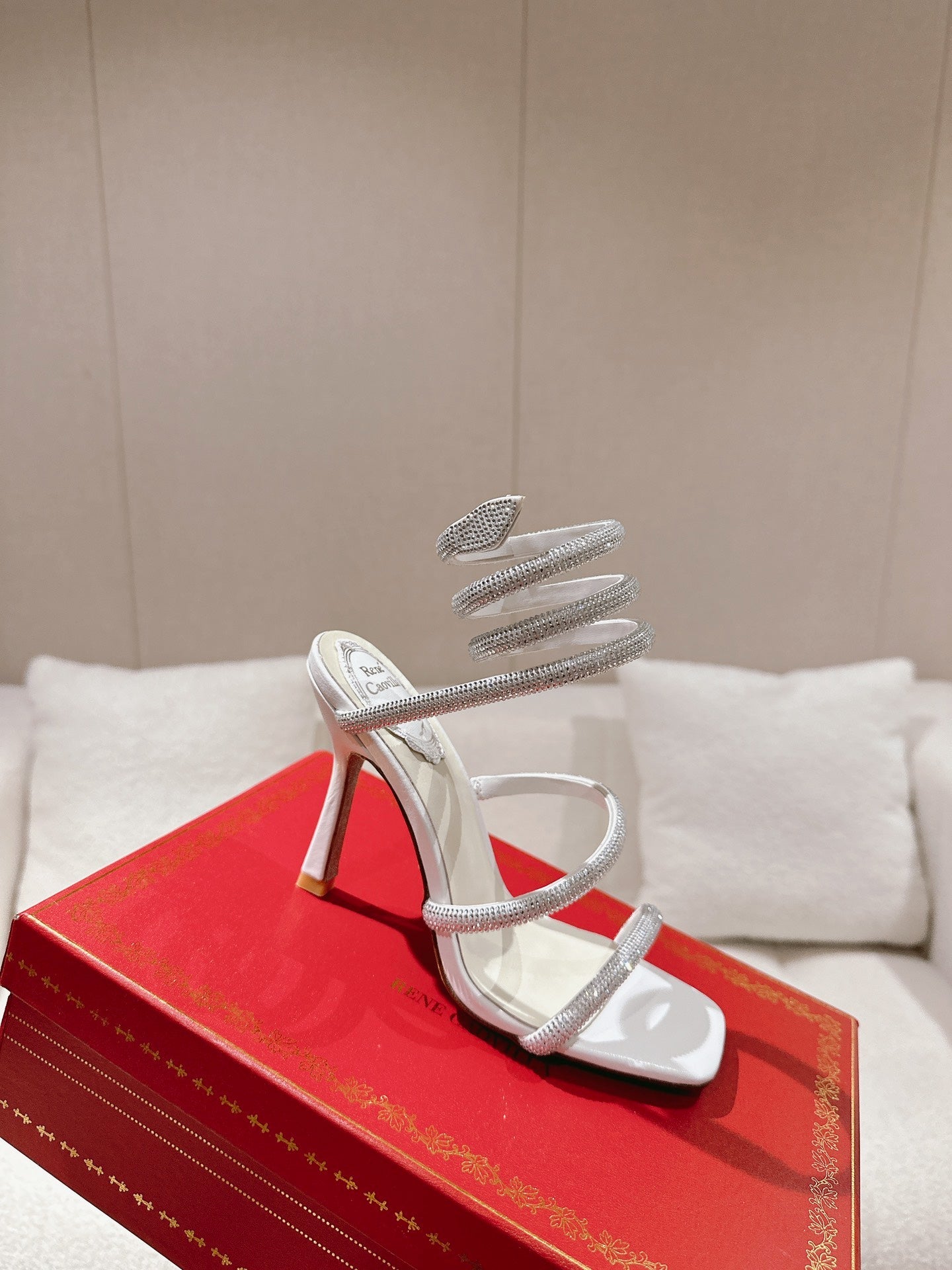 RENE CAOVILLA 26S SQUARE TOE ANKLE STRAP SANDALS 95 MM IN WHITE LAMBSKIN