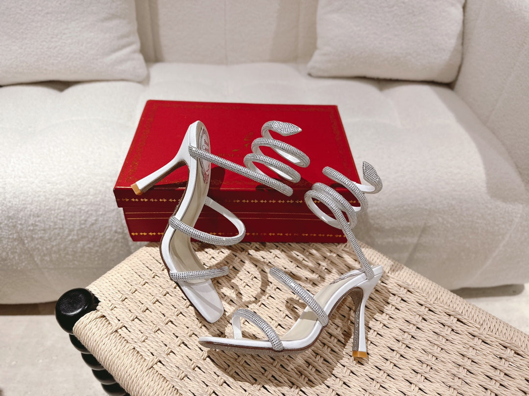 RENE CAOVILLA 26S SQUARE TOE ANKLE STRAP SANDALS 95 MM IN WHITE LAMBSKIN