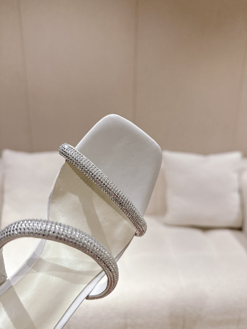 RENE CAOVILLA 26S SQUARE TOE ANKLE STRAP SANDALS 95 MM IN WHITE LAMBSKIN