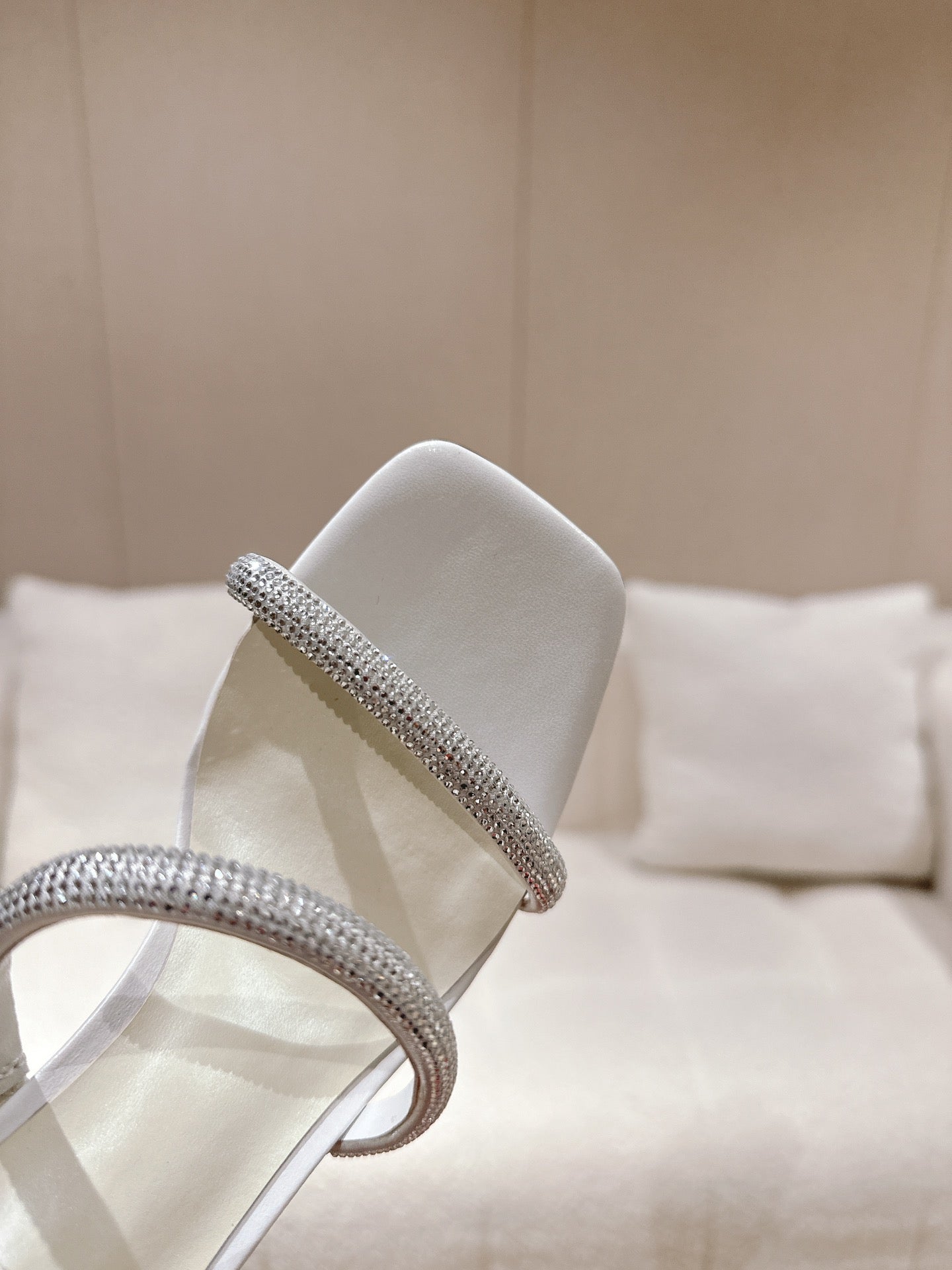 RENE CAOVILLA 26S SQUARE TOE ANKLE STRAP SANDALS 95 MM IN WHITE LAMBSKIN