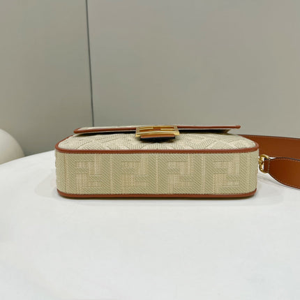 Fend Baguette Tan Beige Canvas Bag 27 with FF Embroidery Ghw