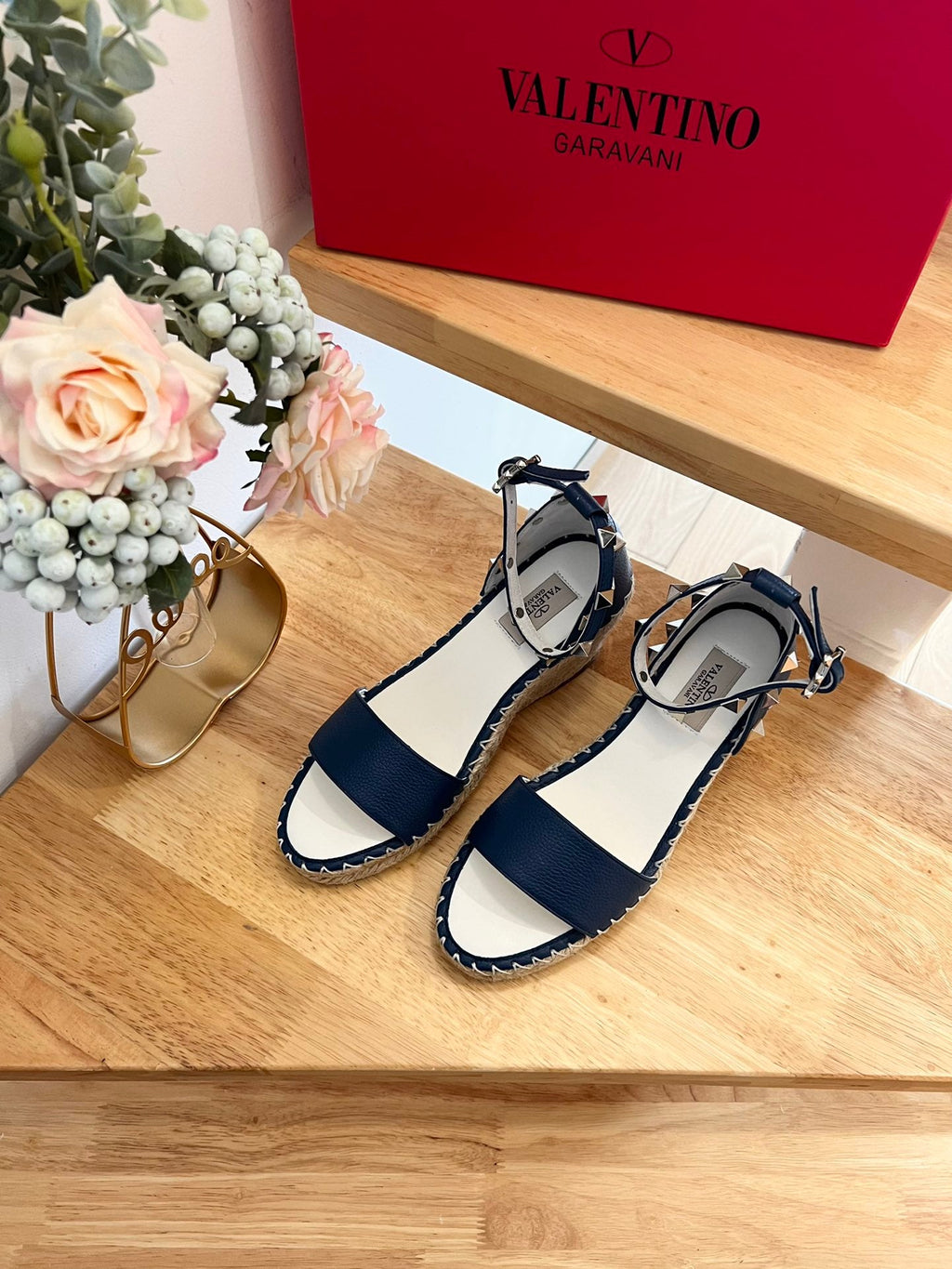 VALENTINO 26S WEDGE SANDALS IN DARK BLUE CALFSKIN