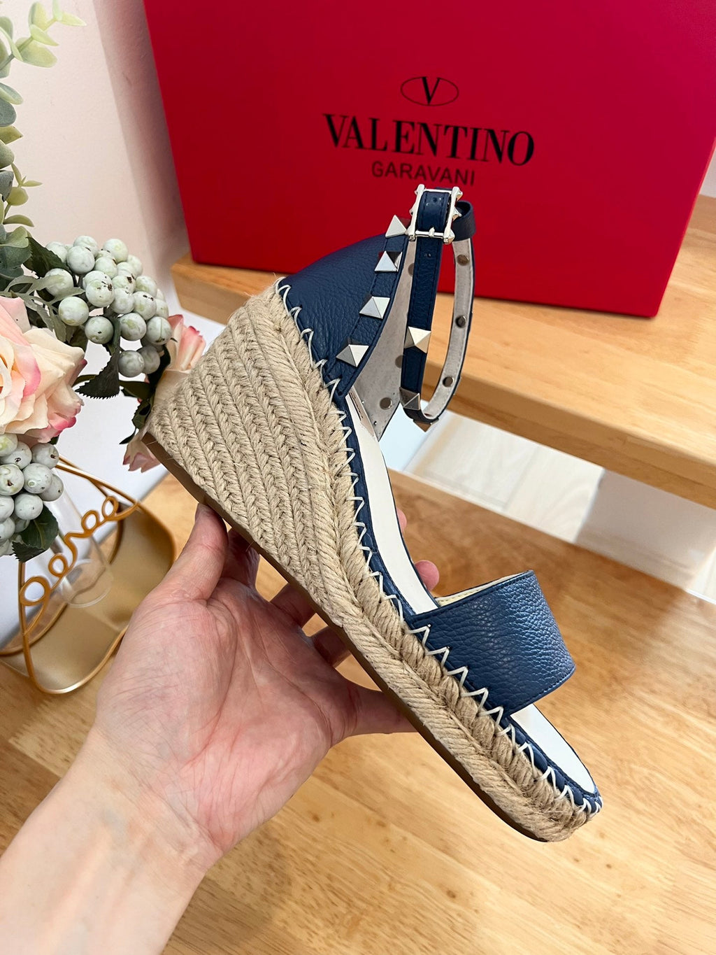VALENTINO 26S WEDGE SANDALS IN DARK BLUE CALFSKIN