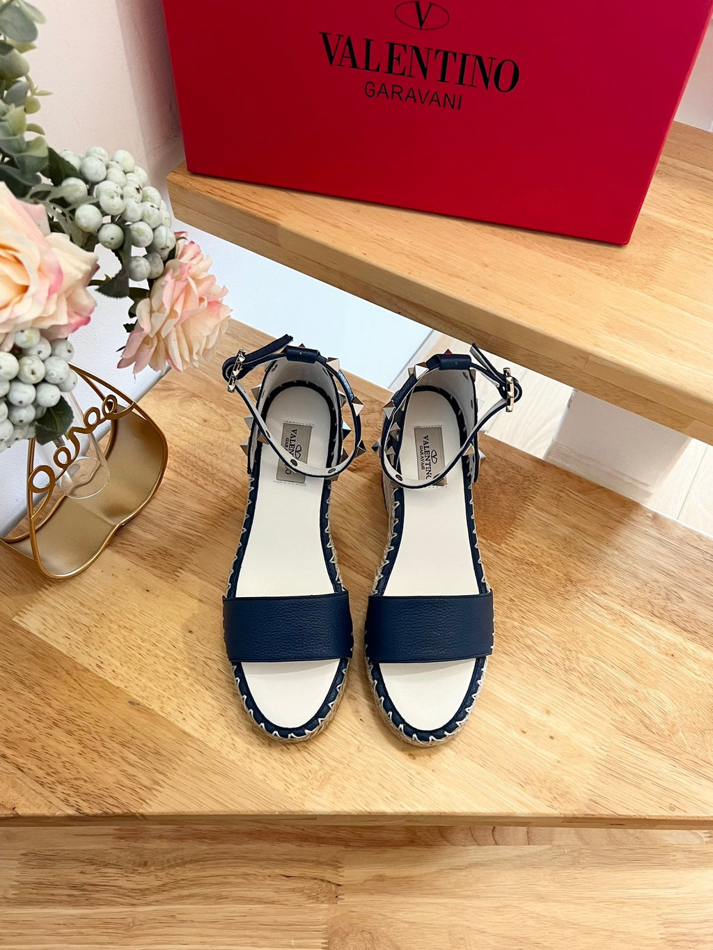 VALENTINO 26S WEDGE SANDALS IN DARK BLUE CALFSKIN
