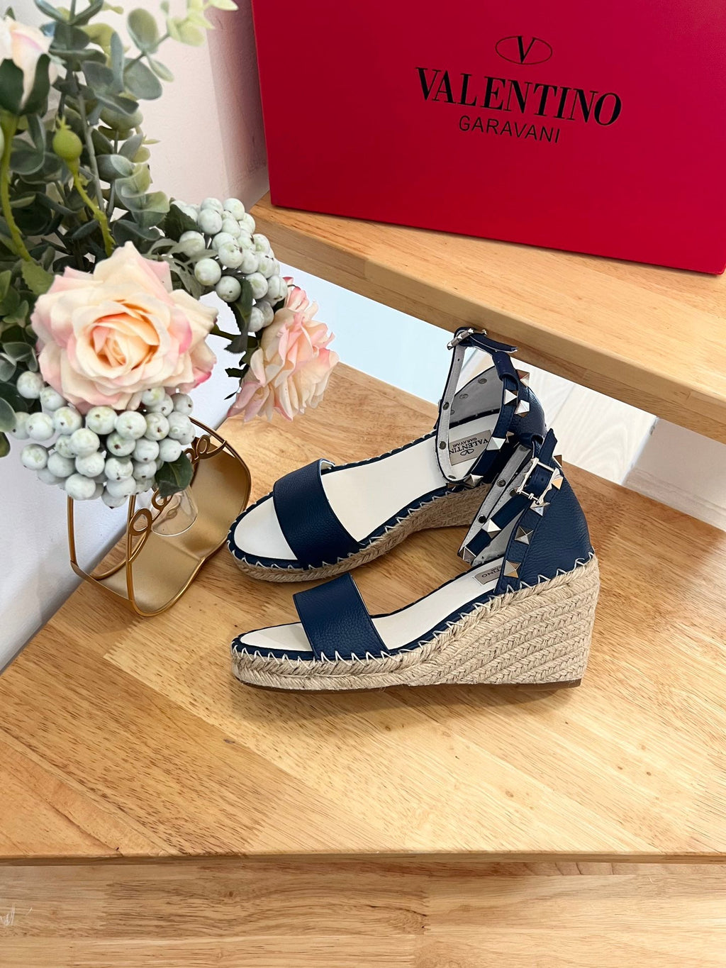 VALENTINO 26S WEDGE SANDALS IN DARK BLUE CALFSKIN