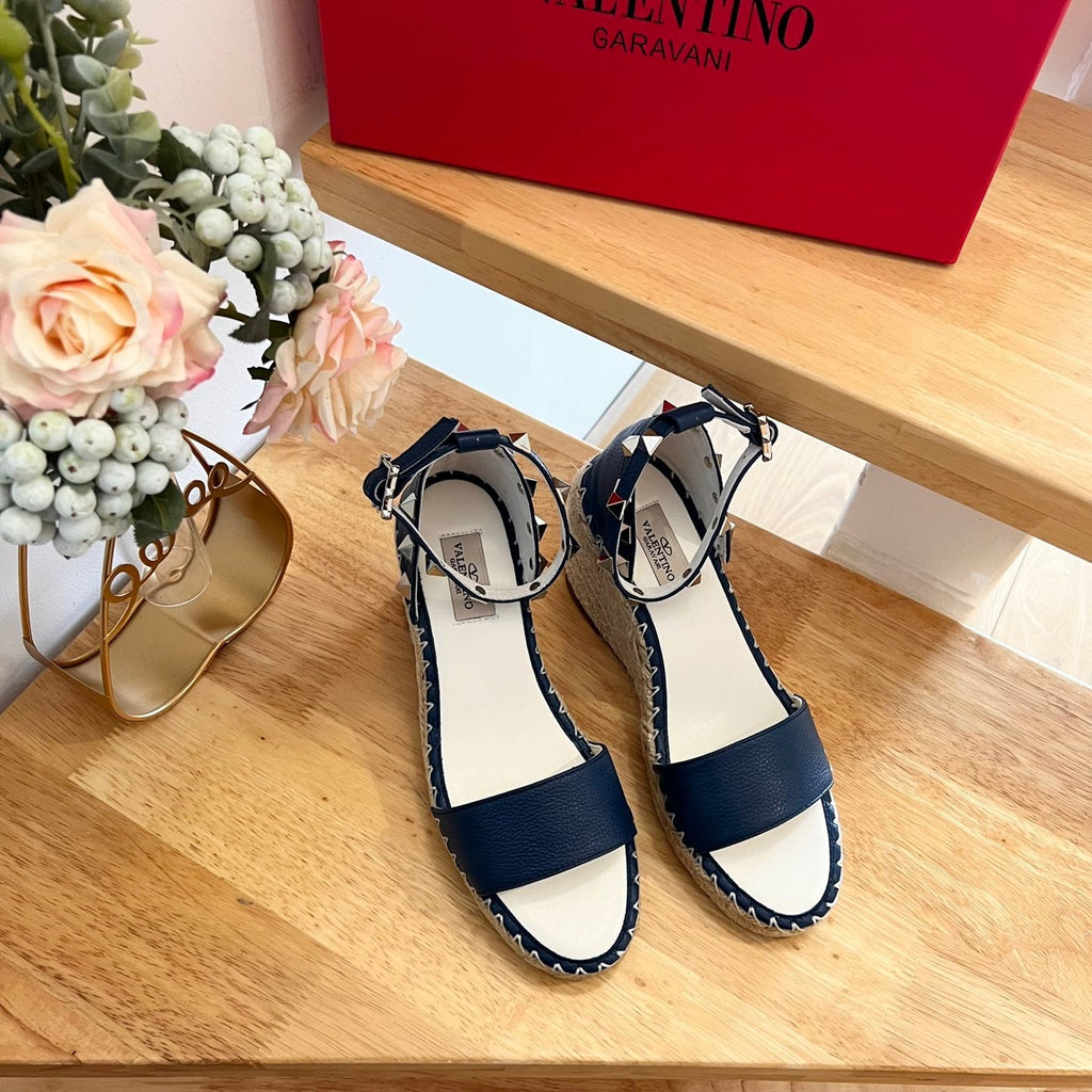 VALENTINO 26S WEDGE SANDALS IN DARK BLUE CALFSKIN