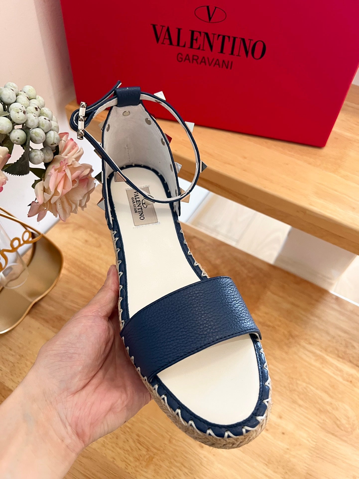 VALENTINO 26S WEDGE SANDALS IN DARK BLUE CALFSKIN