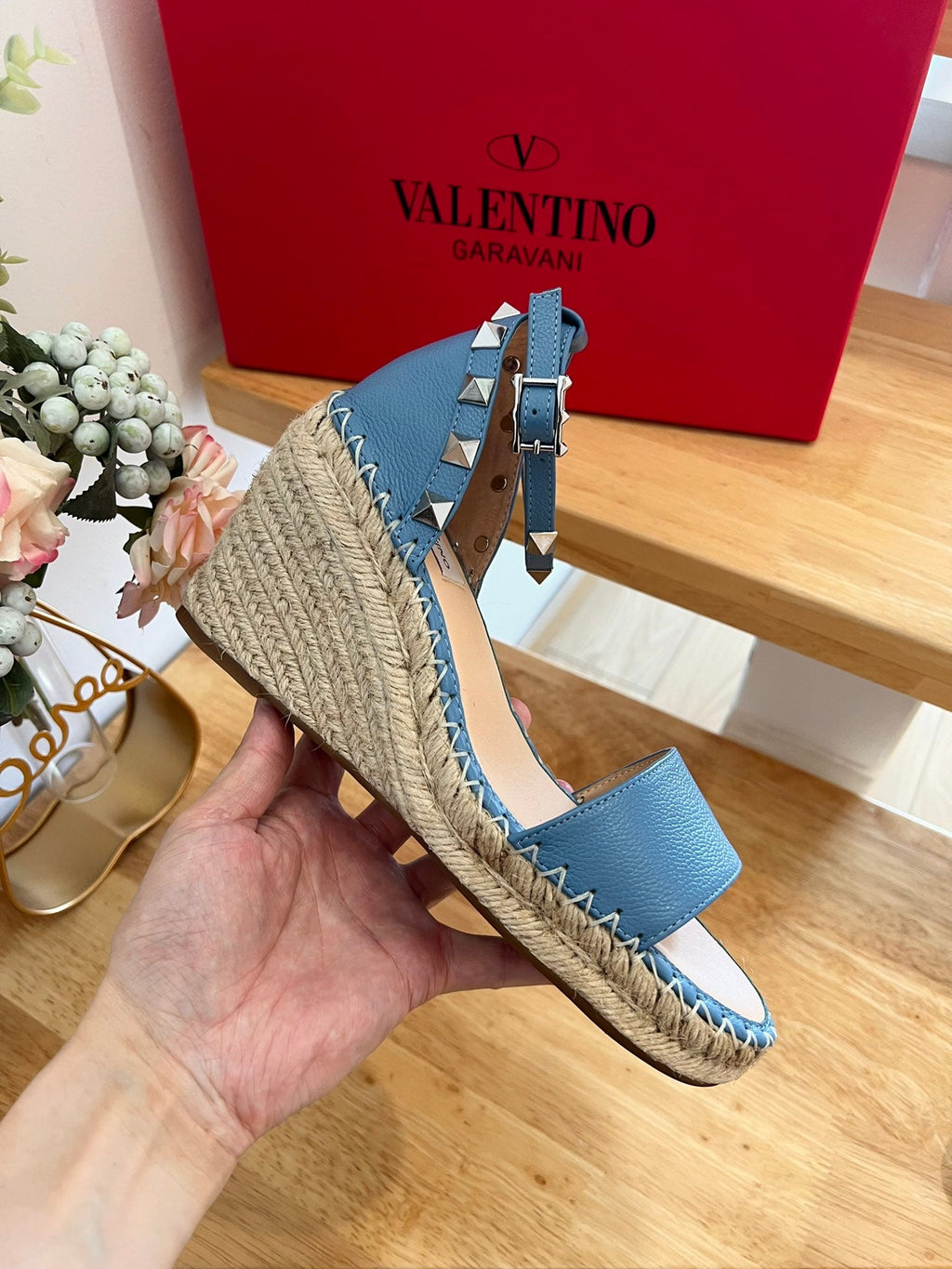 VALENTINO 26S WEDGE SANDALS IN BLUE CALFSKIN