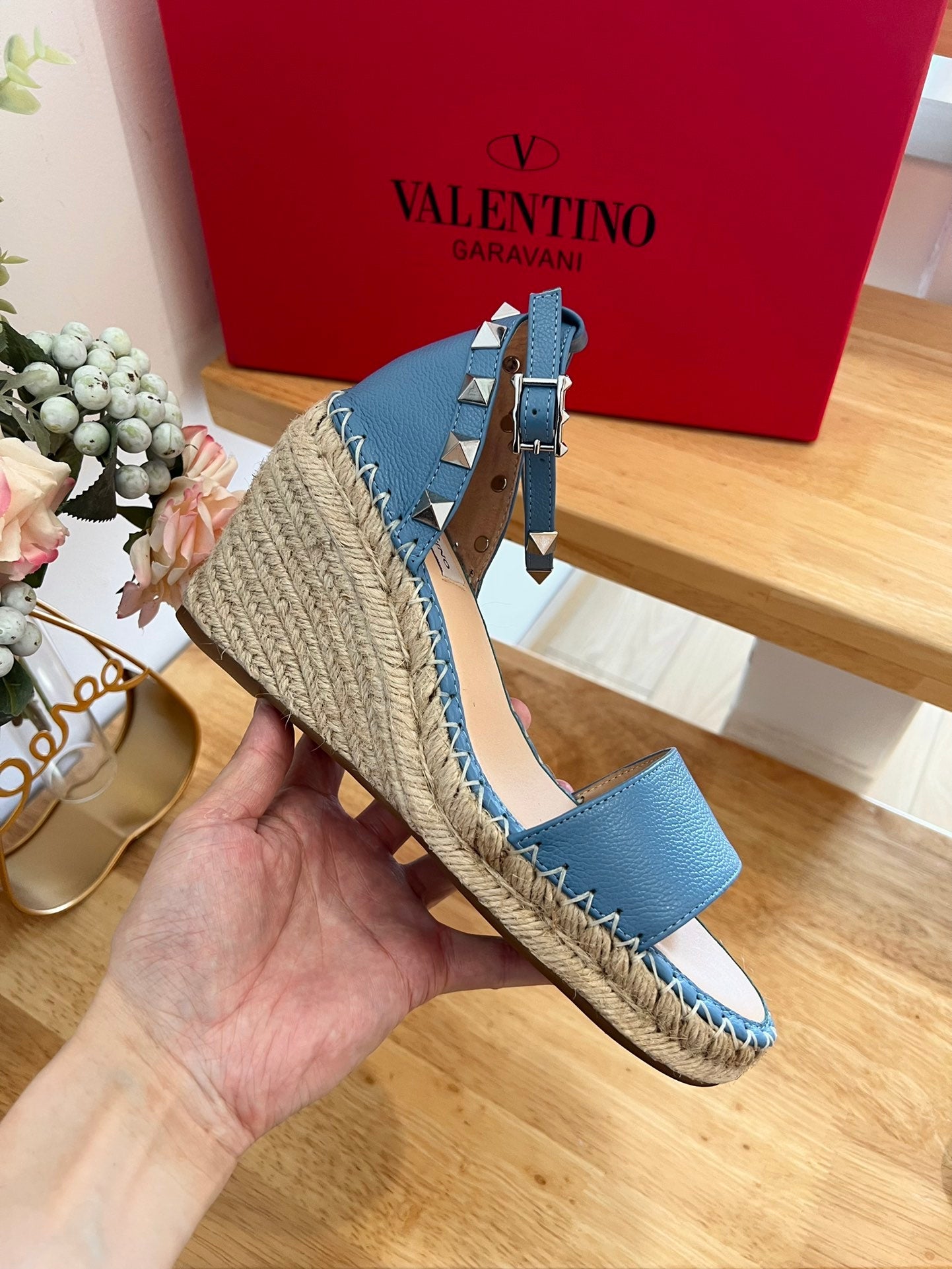 VALENTINO 26S WEDGE SANDALS IN BLUE CALFSKIN