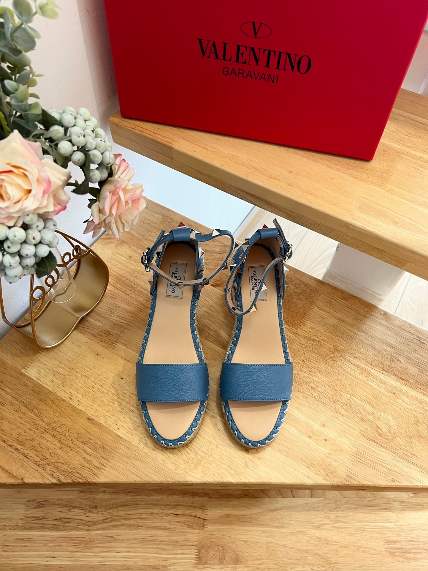 VALENTINO 26S WEDGE SANDALS IN BLUE CALFSKIN