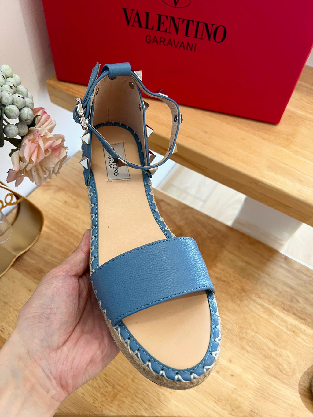 VALENTINO 26S WEDGE SANDALS IN BLUE CALFSKIN