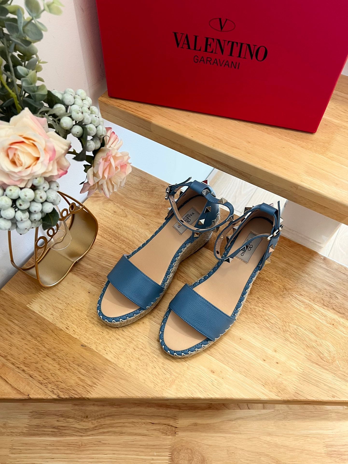 VALENTINO 26S WEDGE SANDALS IN BLUE CALFSKIN
