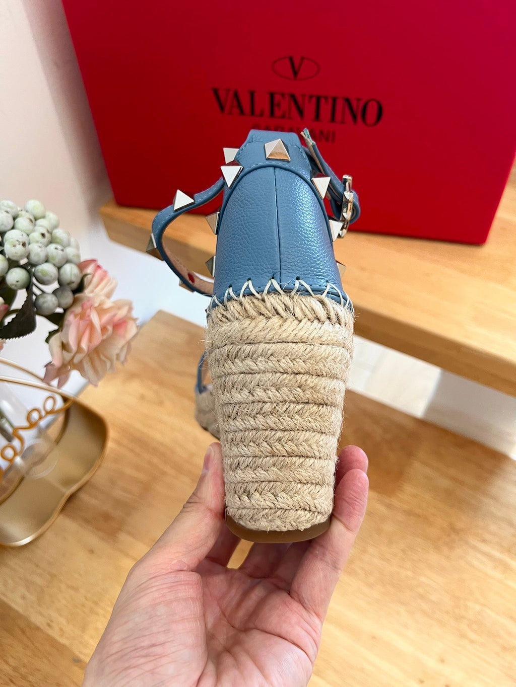 VALENTINO 26S WEDGE SANDALS IN BLUE CALFSKIN