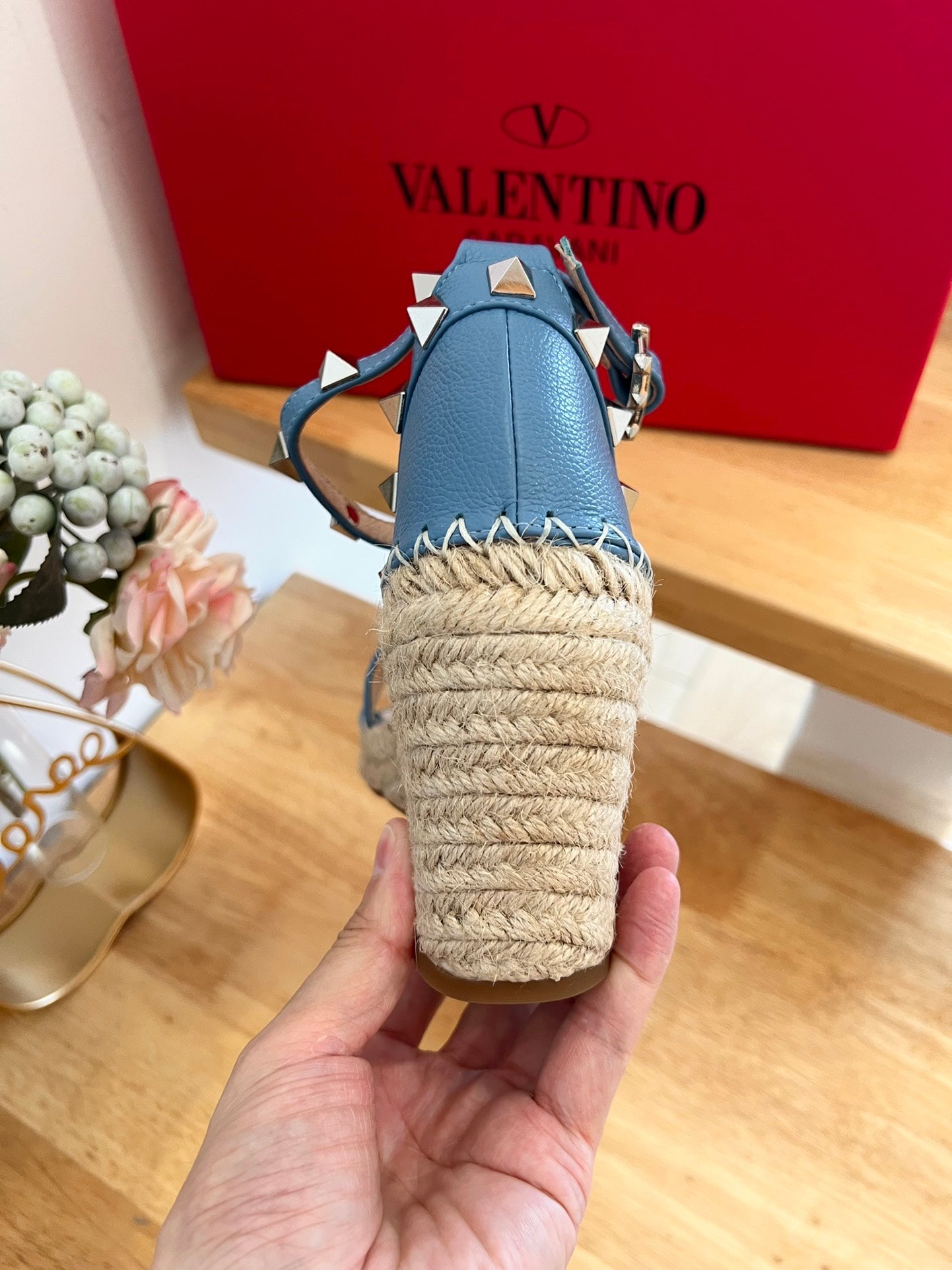 VALENTINO 26S WEDGE SANDALS IN BLUE CALFSKIN