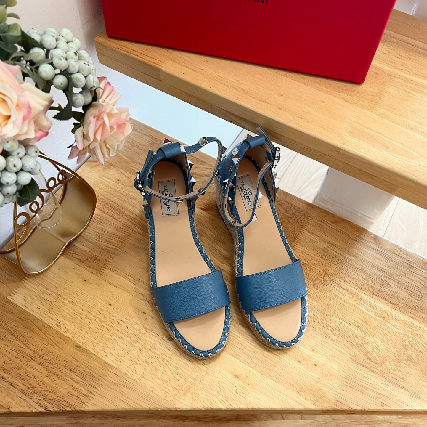 VALENTINO 26S WEDGE SANDALS IN BLUE CALFSKIN
