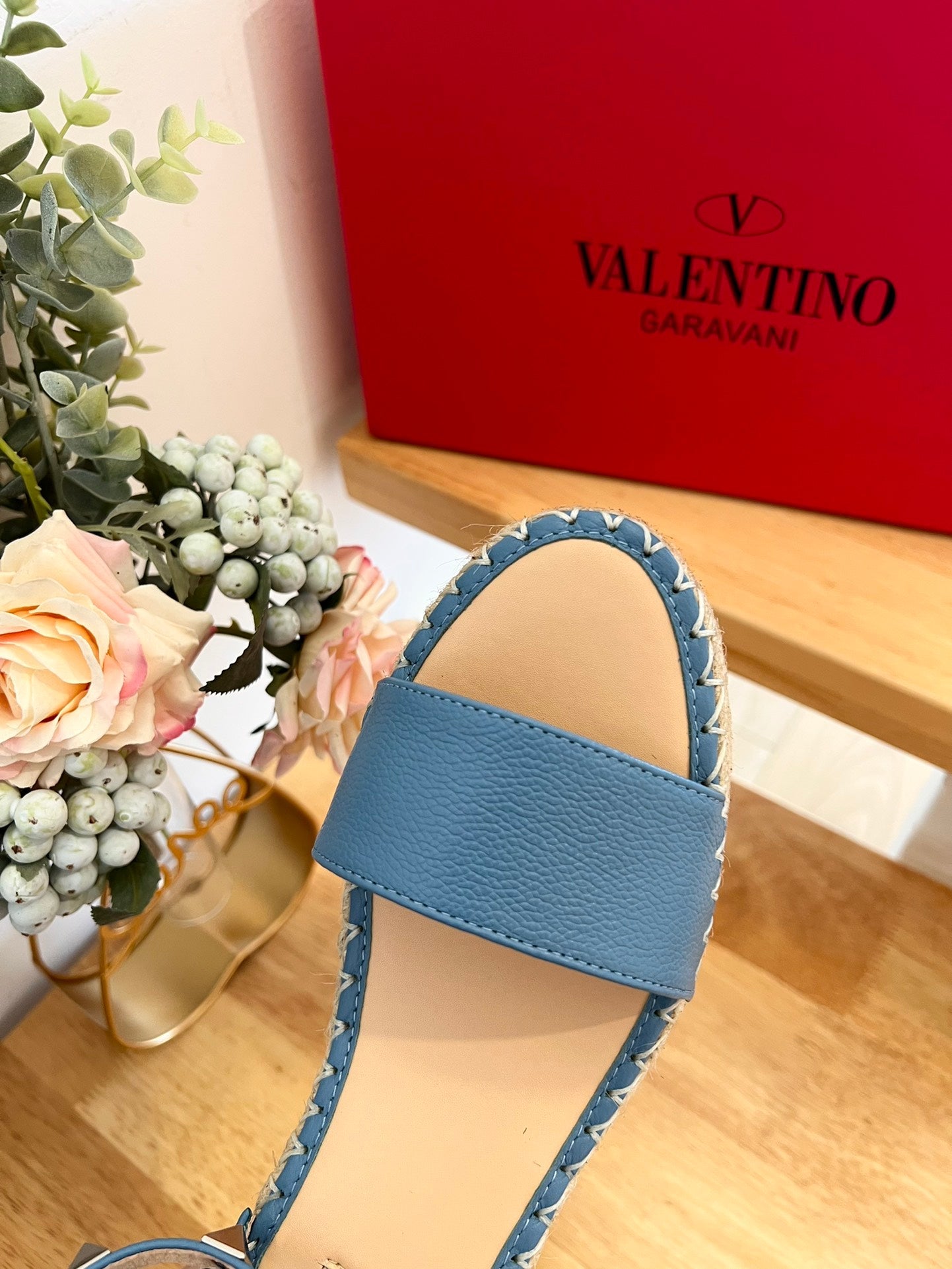 VALENTINO 26S WEDGE SANDALS IN BLUE CALFSKIN