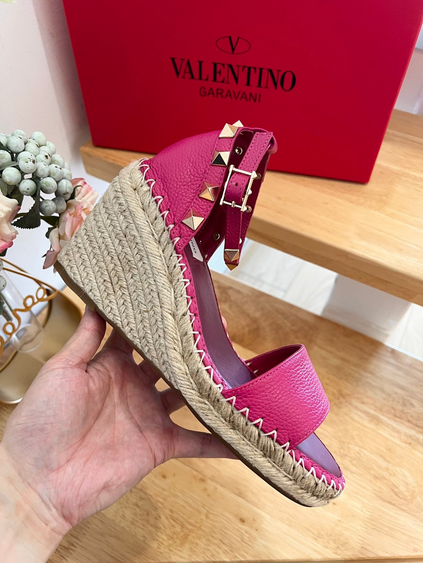VALENTINO 26S WEDGE SANDALS IN DARK PINK CALFSKIN