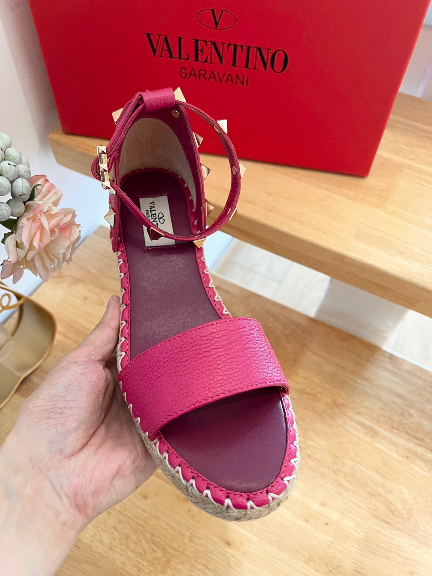 VALENTINO 26S WEDGE SANDALS IN DARK PINK CALFSKIN