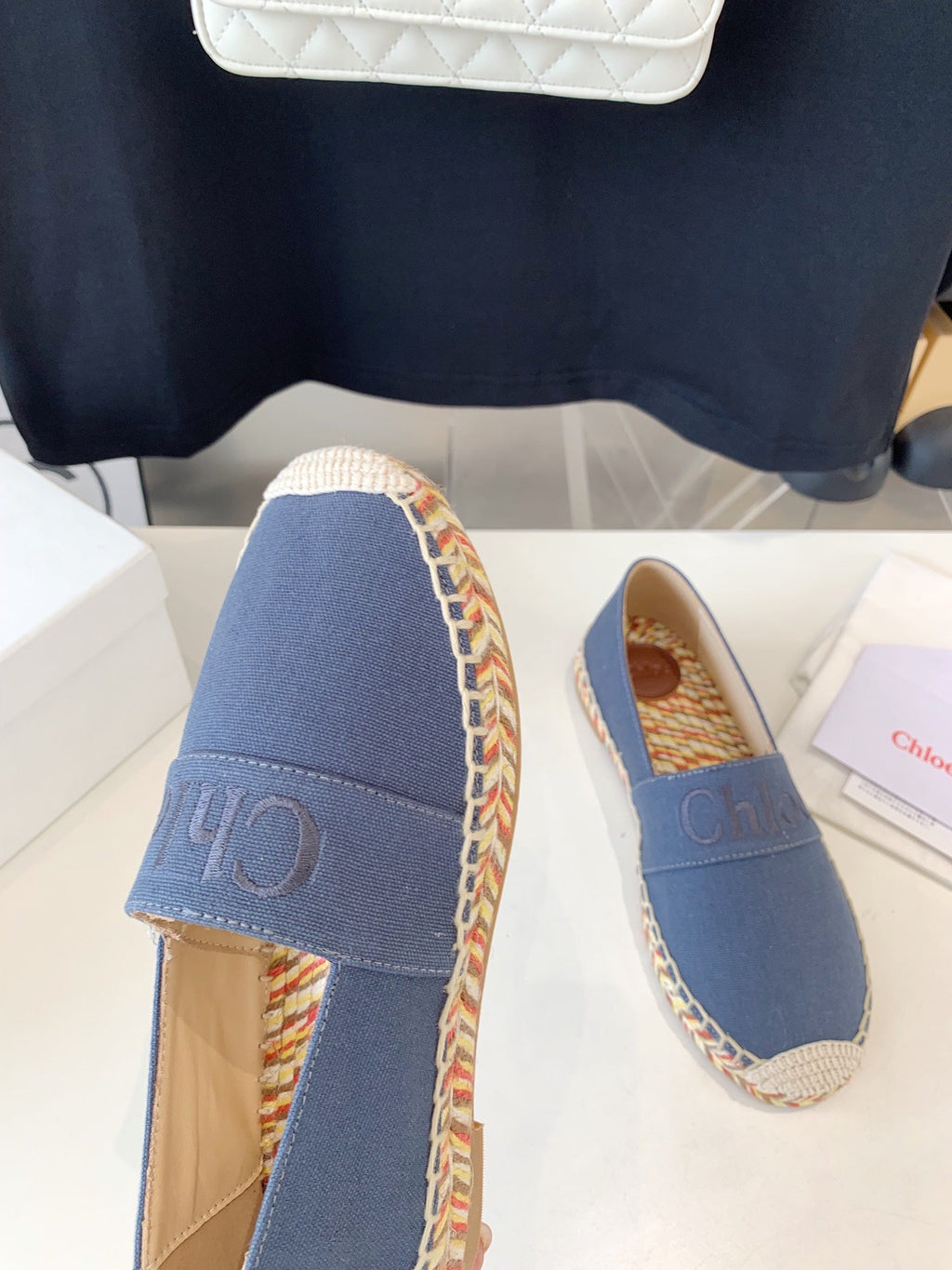 LOAFER SHOES IN PIGEON BLUE DENIM AND WOVEN RAFFIA