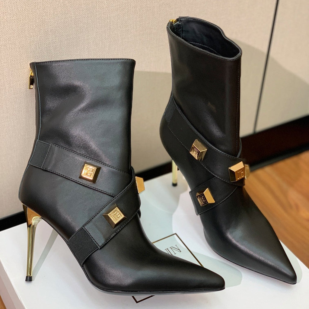 BALMAIN 26S BOOT 105 MM IN BLACK CALFSKIN WITH GOLD HARDWARE STYLE 1