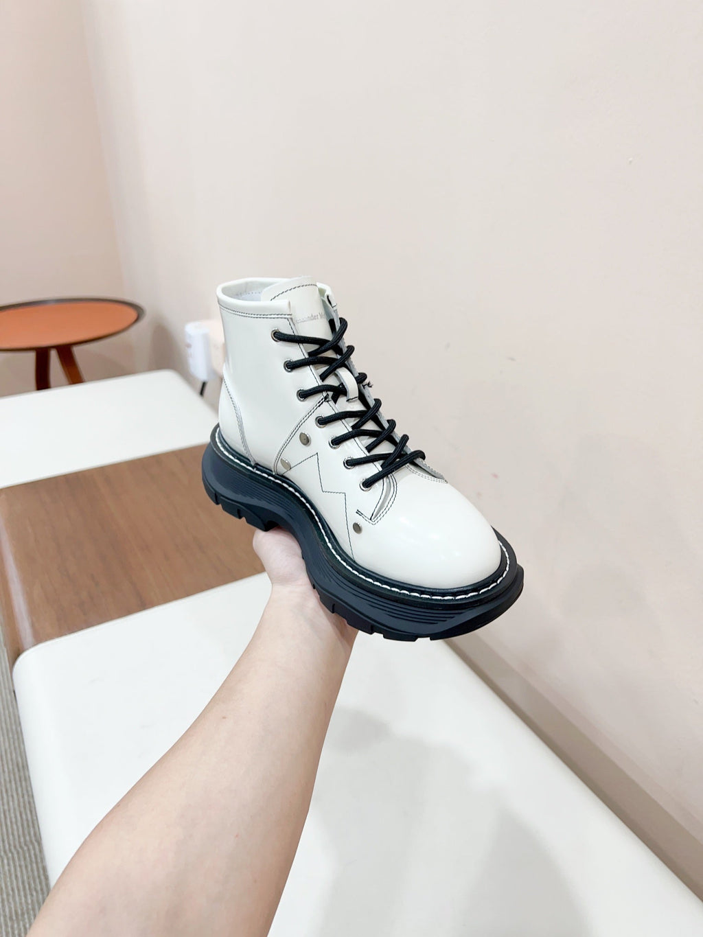 MCQUEEN LEATHER ANKLE BOOT IN WHITE MIX BLACK LAMBSKIN