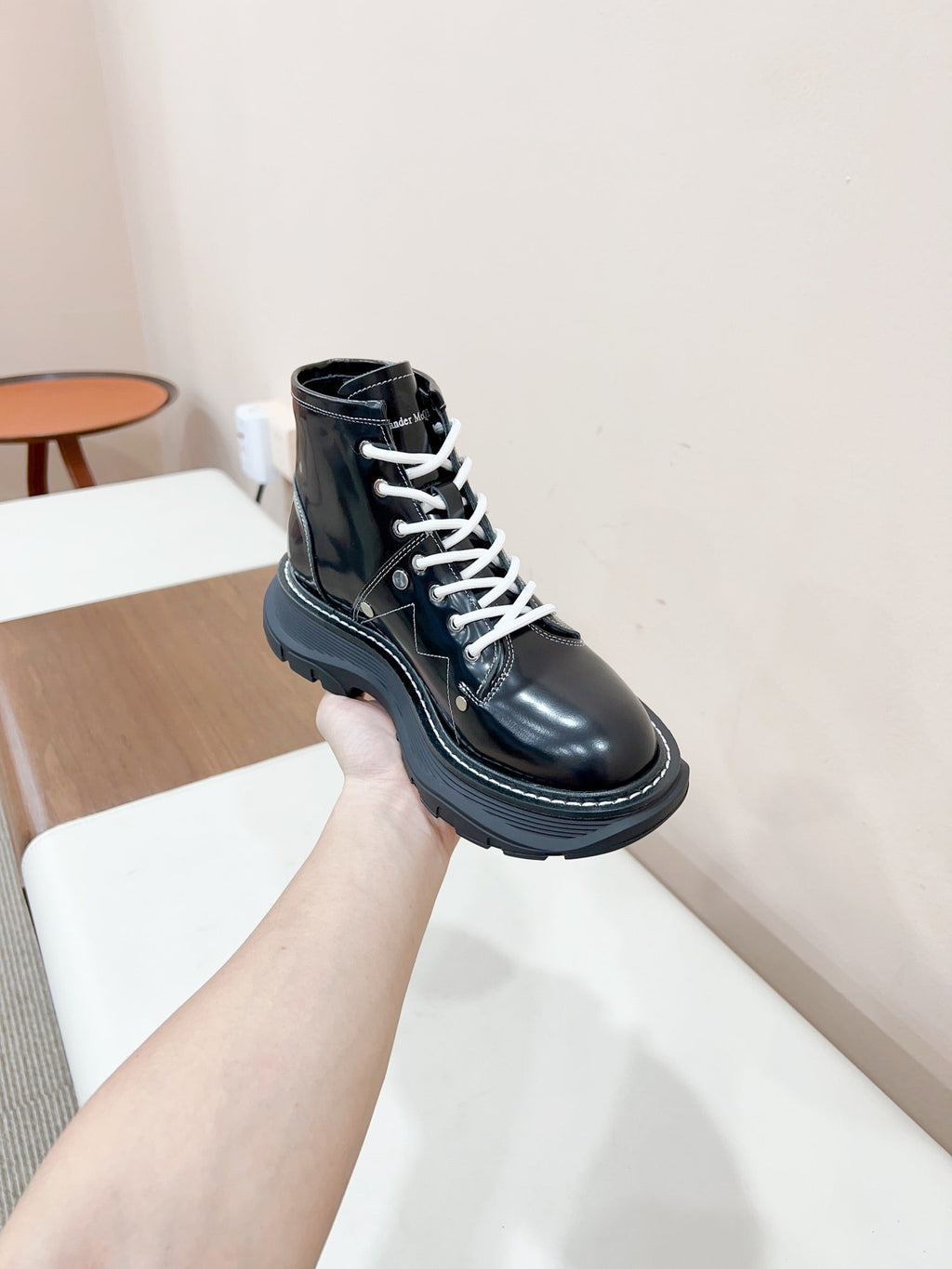 MCQUEEN LEATHER ANKLE BOOT IN BLACK MIX WHITE LAMBSKIN